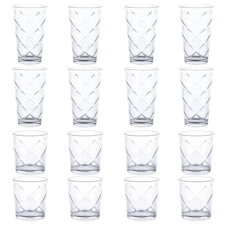 Gibson Home Lattice Glassware Set, 16-Piece with 16 Oz Tumblers and 13.5 Oz Double Old Fashioned Glasses, Clear