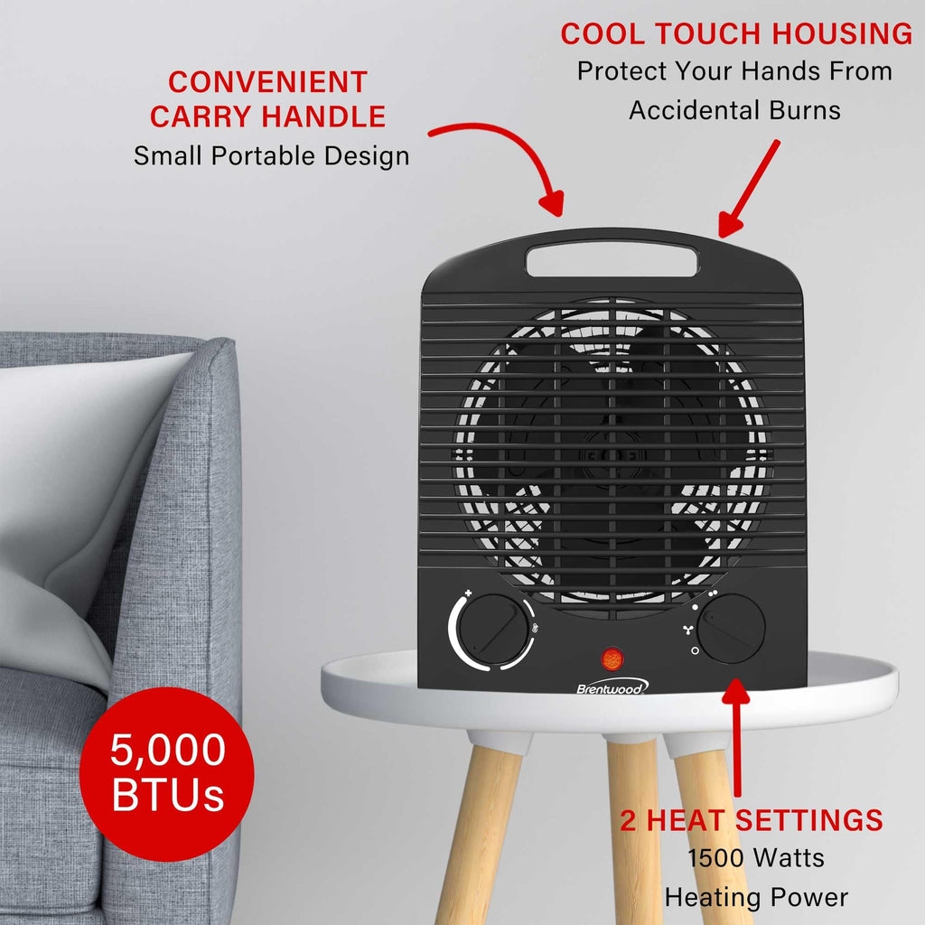 Brentwood H-F306BK 1500W Portable Electric Space Heater and Fan - Black, Adjustable Thermostat with Tip-Over Protection