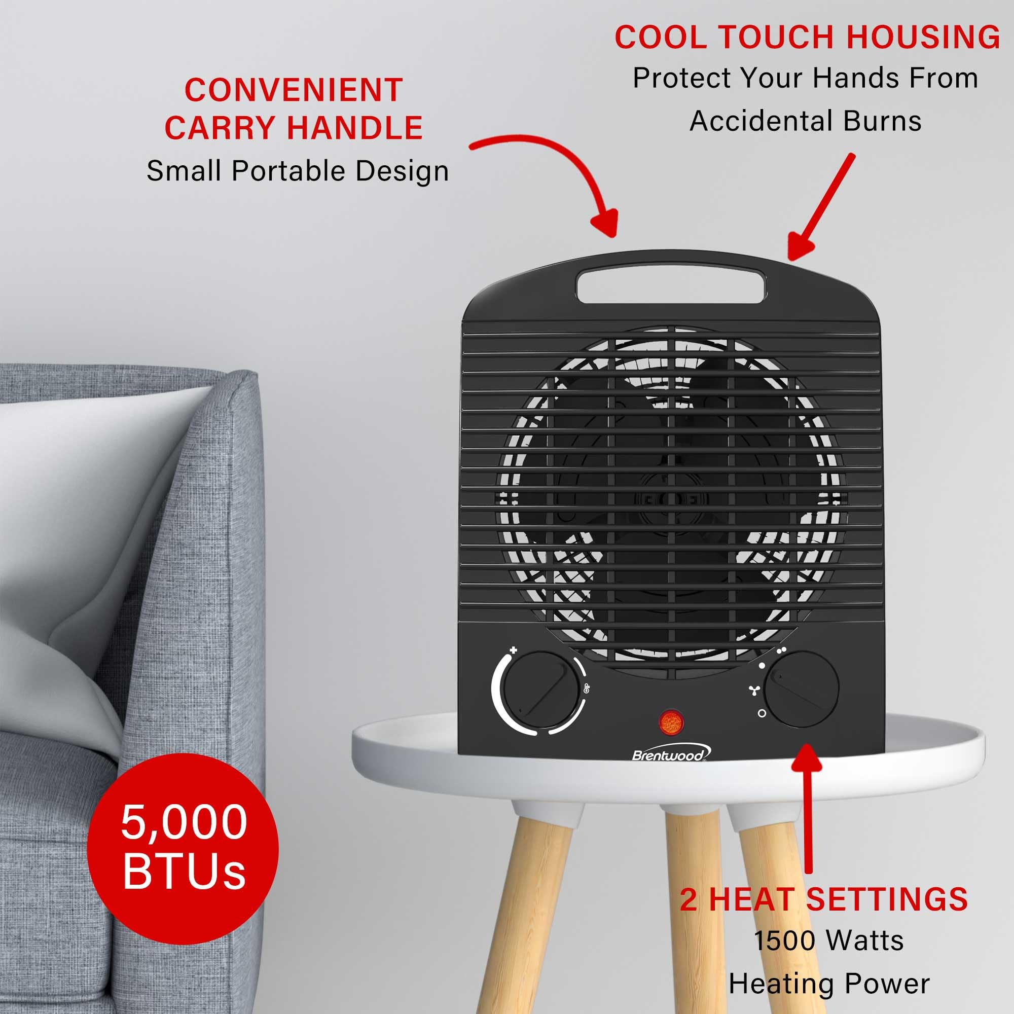 Brentwood H-F306BK 1500W Portable Electric Space Heater and Fan - Black, Adjustable Thermostat with Tip-Over Protection