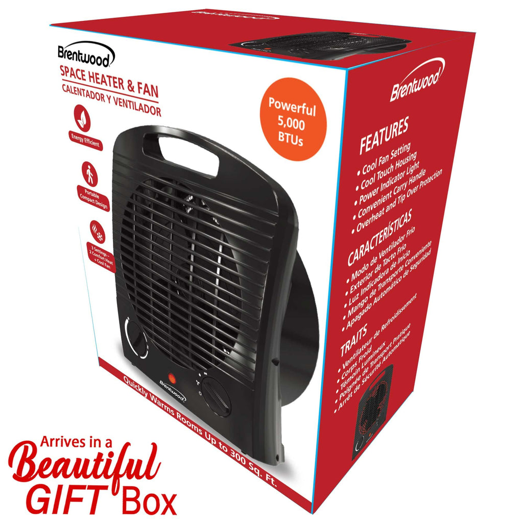 Brentwood H-F306BK 1500W Portable Electric Space Heater and Fan - Black, Adjustable Thermostat with Tip-Over Protection