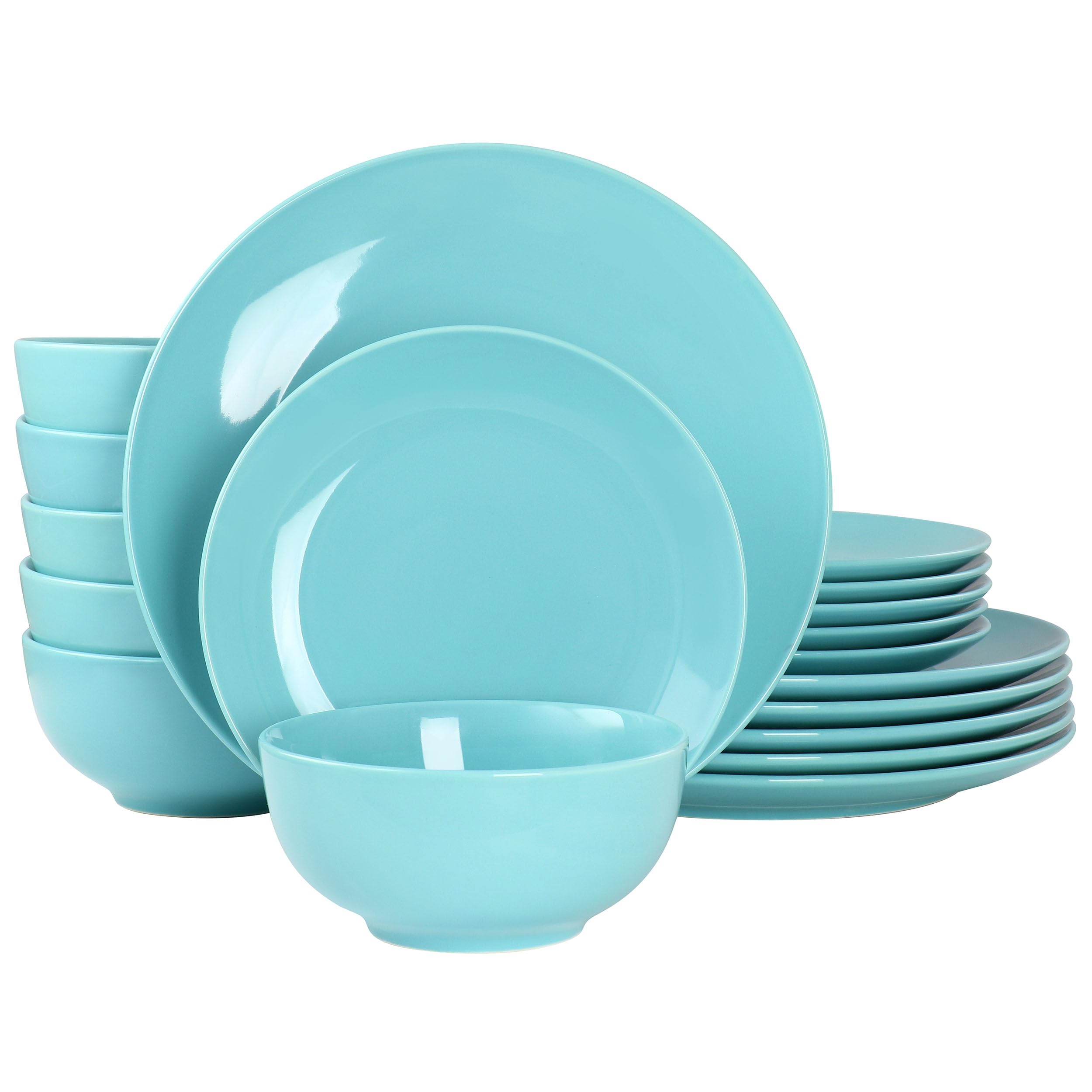 Elama Luna 18-Piece Round Porcelain Dinnerware Set – Blue Service for 6 (Dinner Plates, Salad Plates & Bowls)