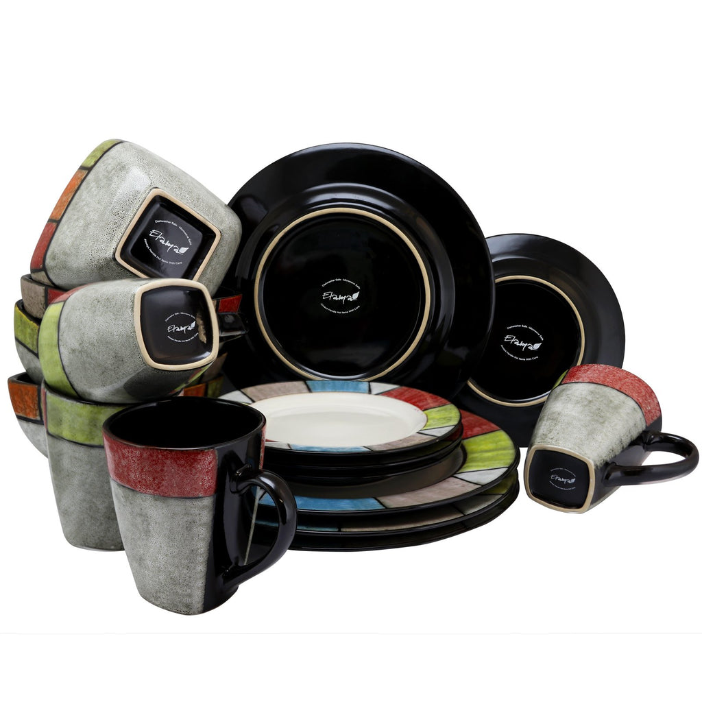 Elama Country Cottage 16-Piece Stoneware Dinnerware Set – Service for 4 with Colorful Trim Plates & Bowls, Microwave & Dishwasher Safe