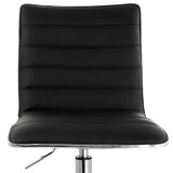 Close-up of the Elama black striped faux leather seat and backrest with horizontal channel stitching and chrome edge