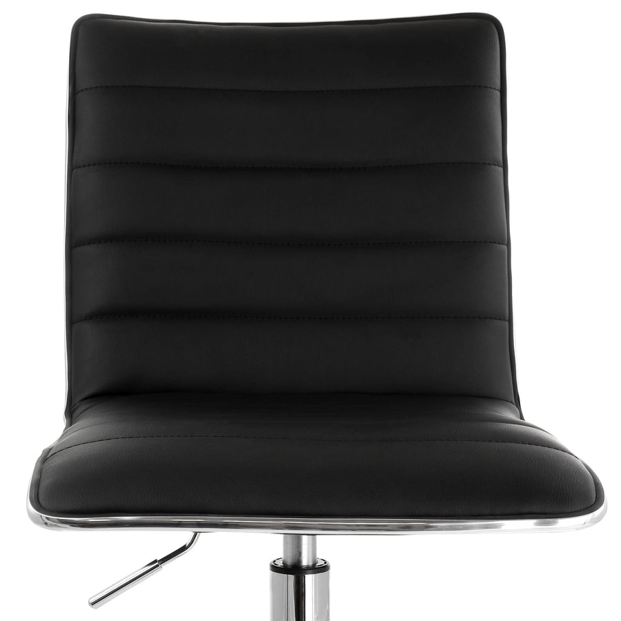 Close-up of the Elama black striped faux leather seat and backrest with horizontal channel stitching and chrome edge