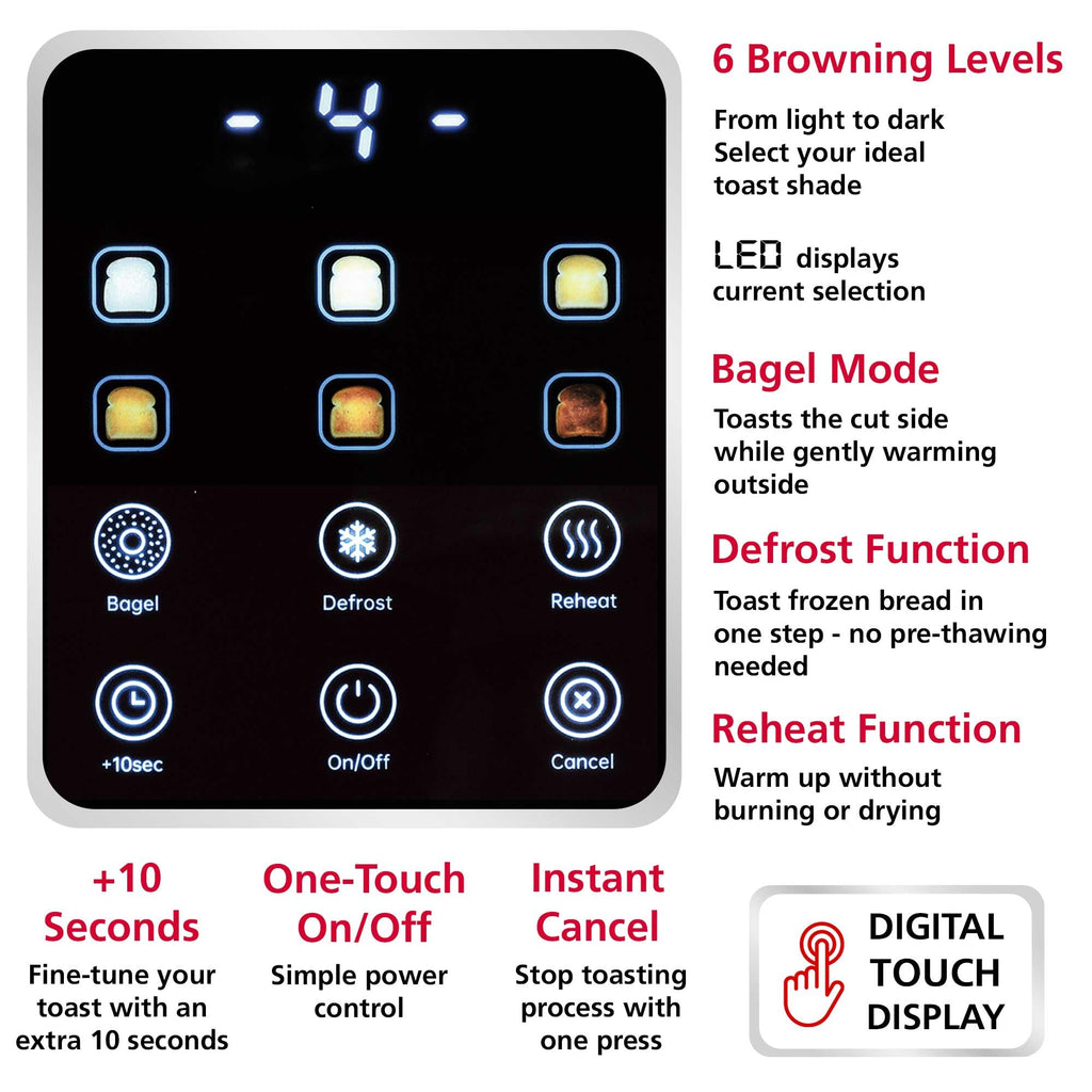 Brentwood TS-228DS 1100W Touch Screen 2-Slice Digital Toaster with Extra Wide Slots - Stainless Steel