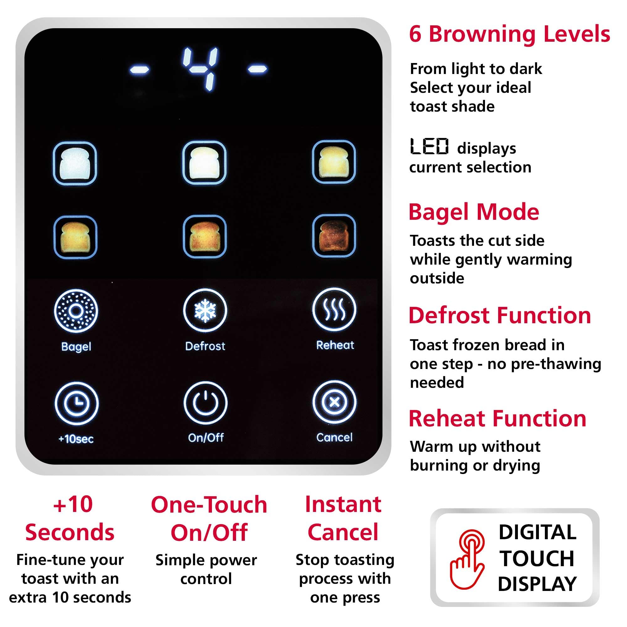 Brentwood TS-228DS 1100W Touch Screen 2-Slice Digital Toaster with Extra Wide Slots - Stainless Steel