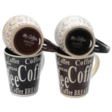 Mr. Coffee Bareggio Stoneware Coffee Mugs with Matching Spoons, Set of 4, 13 Oz, Embossed Reactive Glaze, Assorted Designs