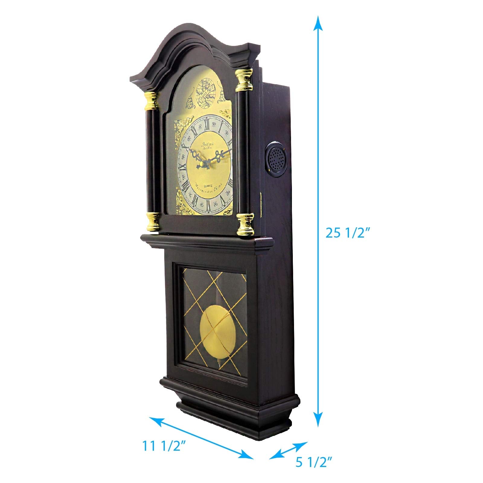 Bedford Clock Collection 26" Antique Mahogany Cherry Oak Chiming Wall Clock – Quartz Movement with Swinging Pendulum & Roman Numeral Dial