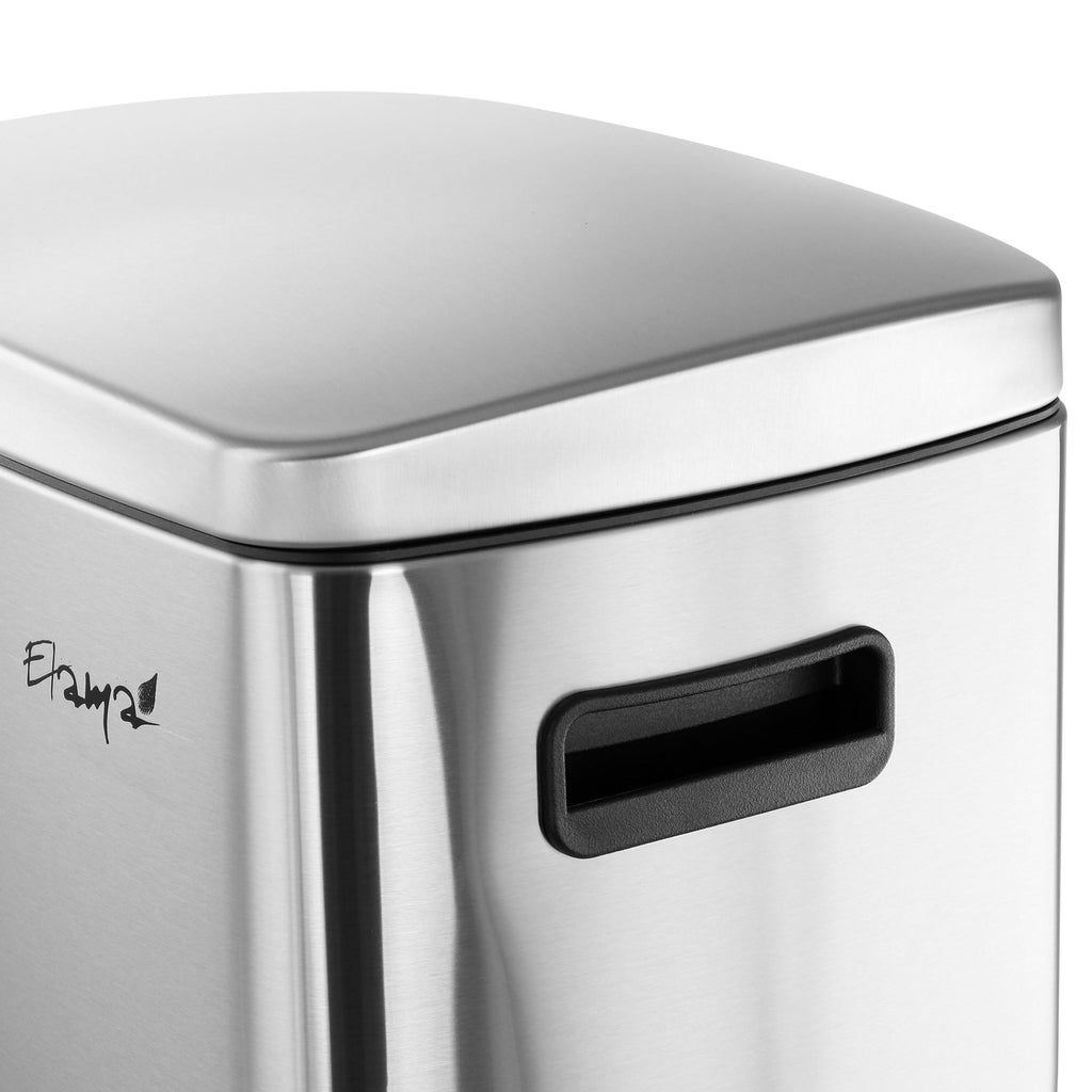 Elama 40L Stainless Steel Step Trash & Recycling Bin – 6.6 Gal + 3.9 Gal Split Compartments, Slow-Close Lid, Hands-Free Pedal (Silver)