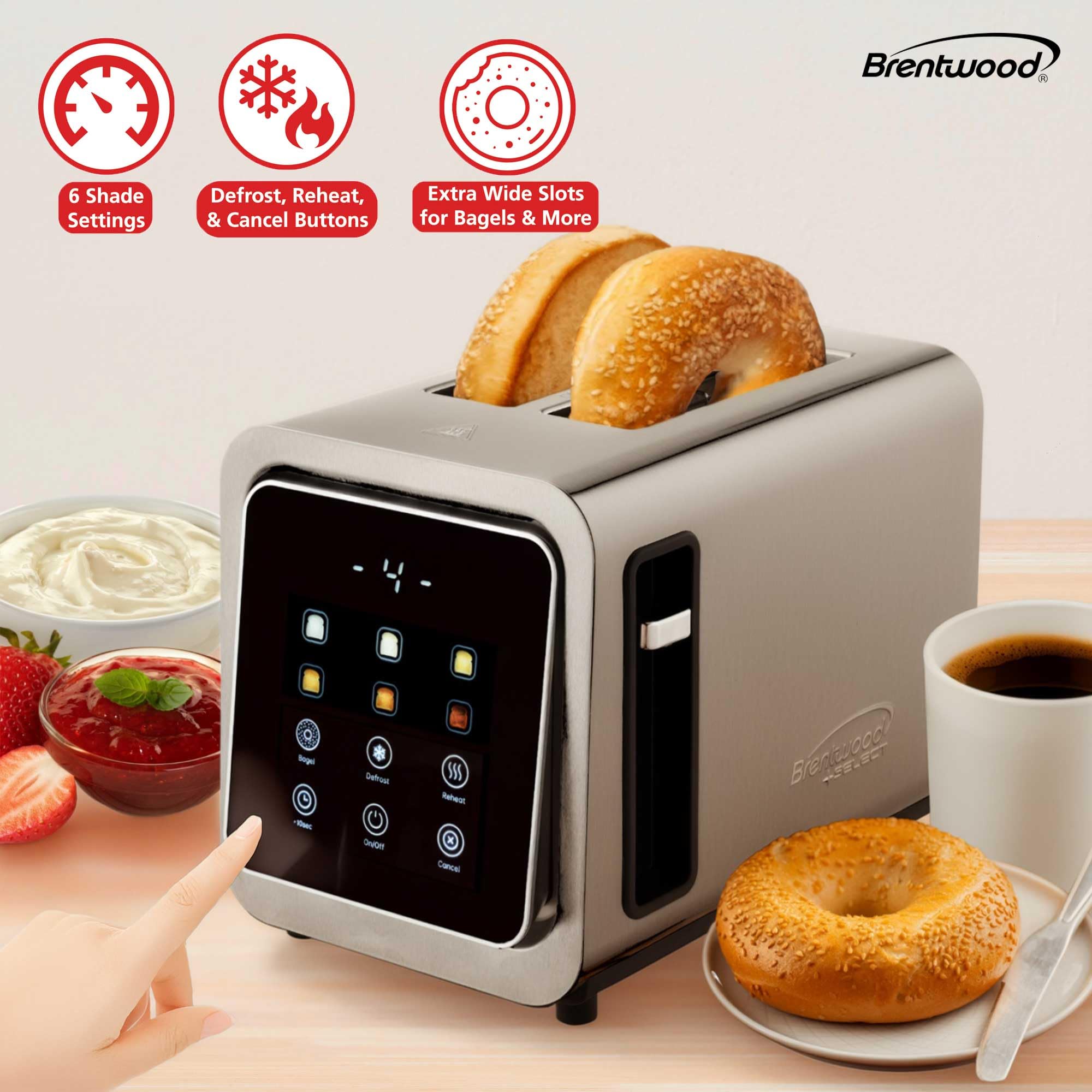 Brentwood TS-228DS 1100W Touch Screen 2-Slice Digital Toaster with Extra Wide Slots - Stainless Steel