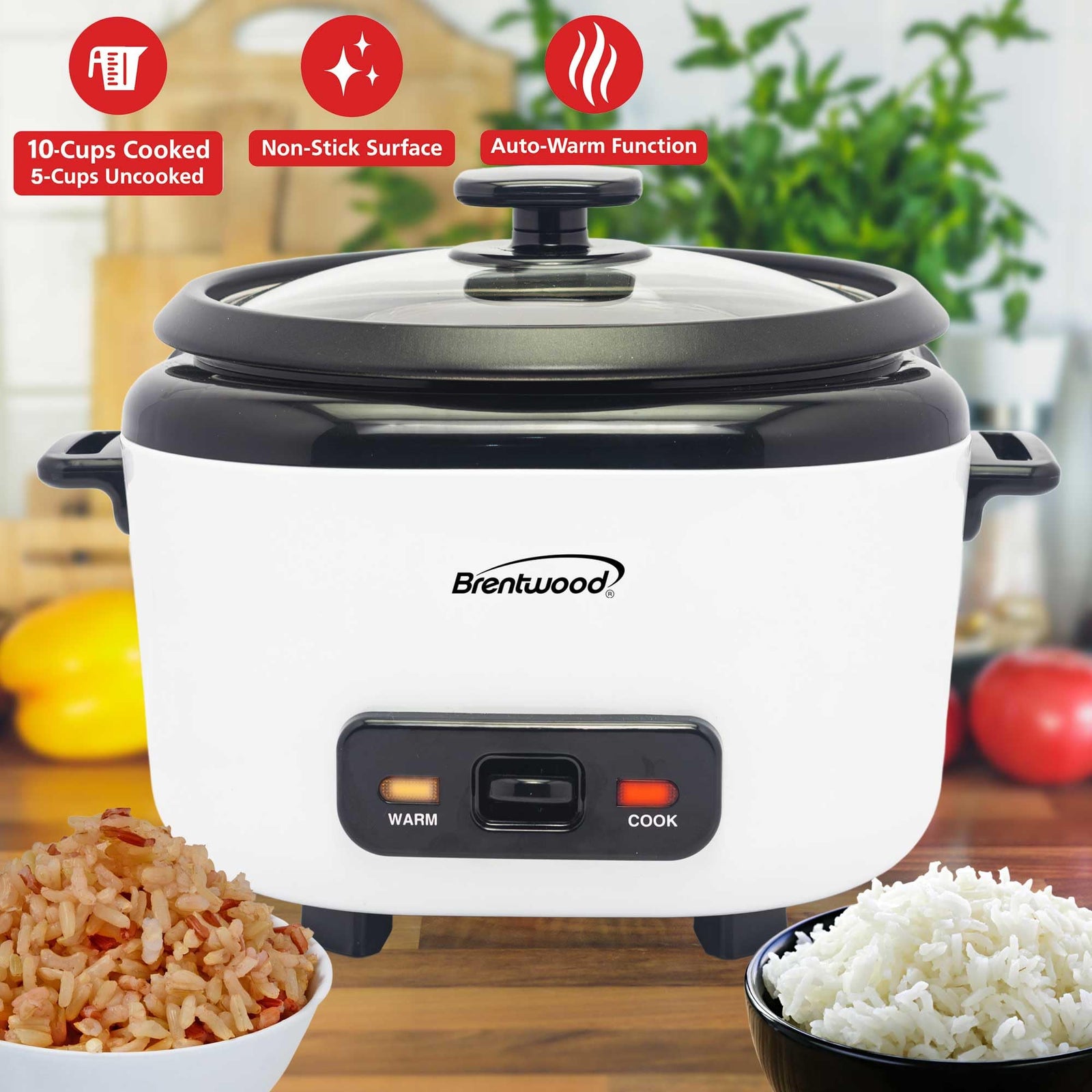 Brentwood TS-600S White Rice Cooker and Food Steamer with Steam Tray, 10 Cups Cooked
