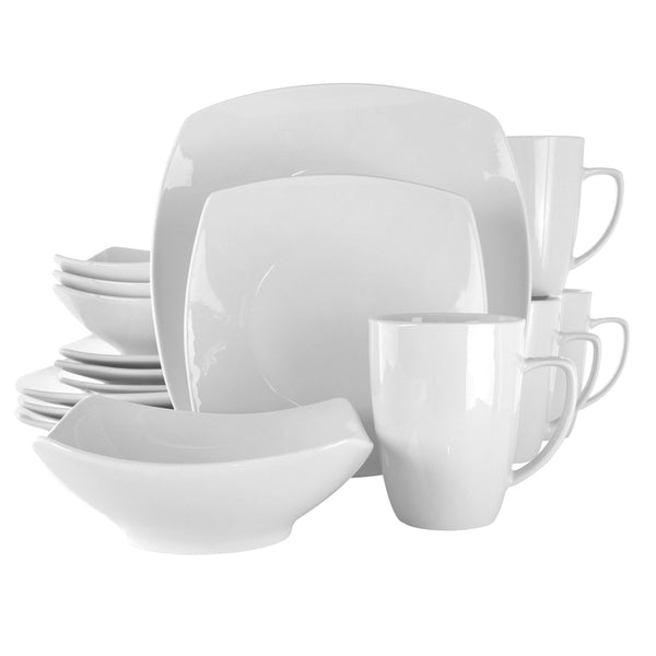Elama Hayes 16-Piece Square Porcelain Dinnerware Set – Glossy White, Service for 4, Microwave & Dishwasher Safe