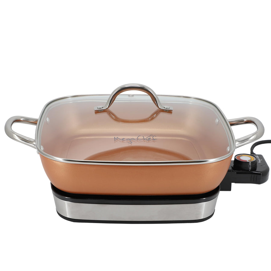 MegaChef 11.81-Inch Electric Fry Pan, Copper Non-Stick, Glass Lid