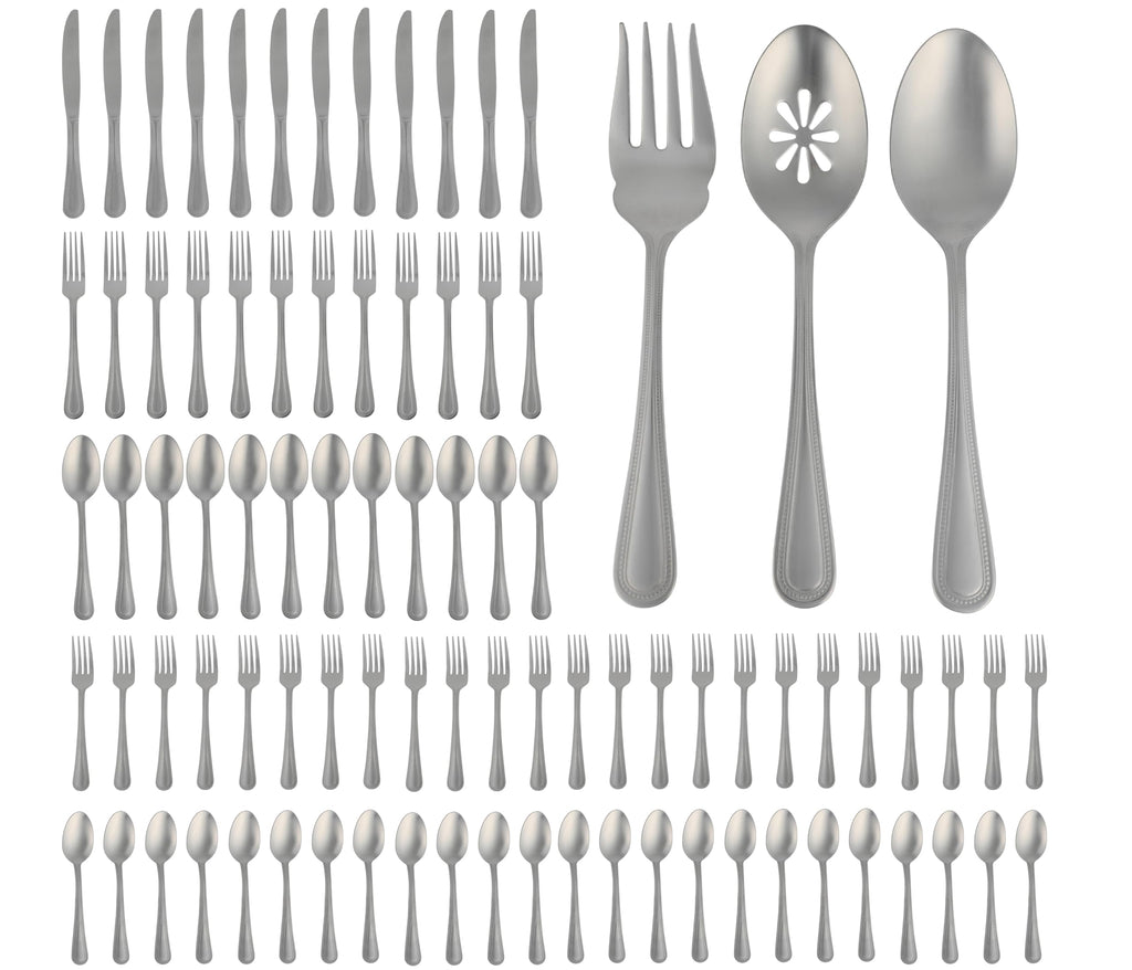 Gibson Home Sinta 87-Piece Stainless Steel Flatware Set with Bead Border Design – Polished Service for 12