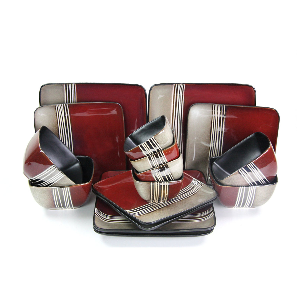 Square Stoneware Dinnerware Set for 4, 16 Piece Double Bowl, Bold Color Block Design, Elama Downtown Loft