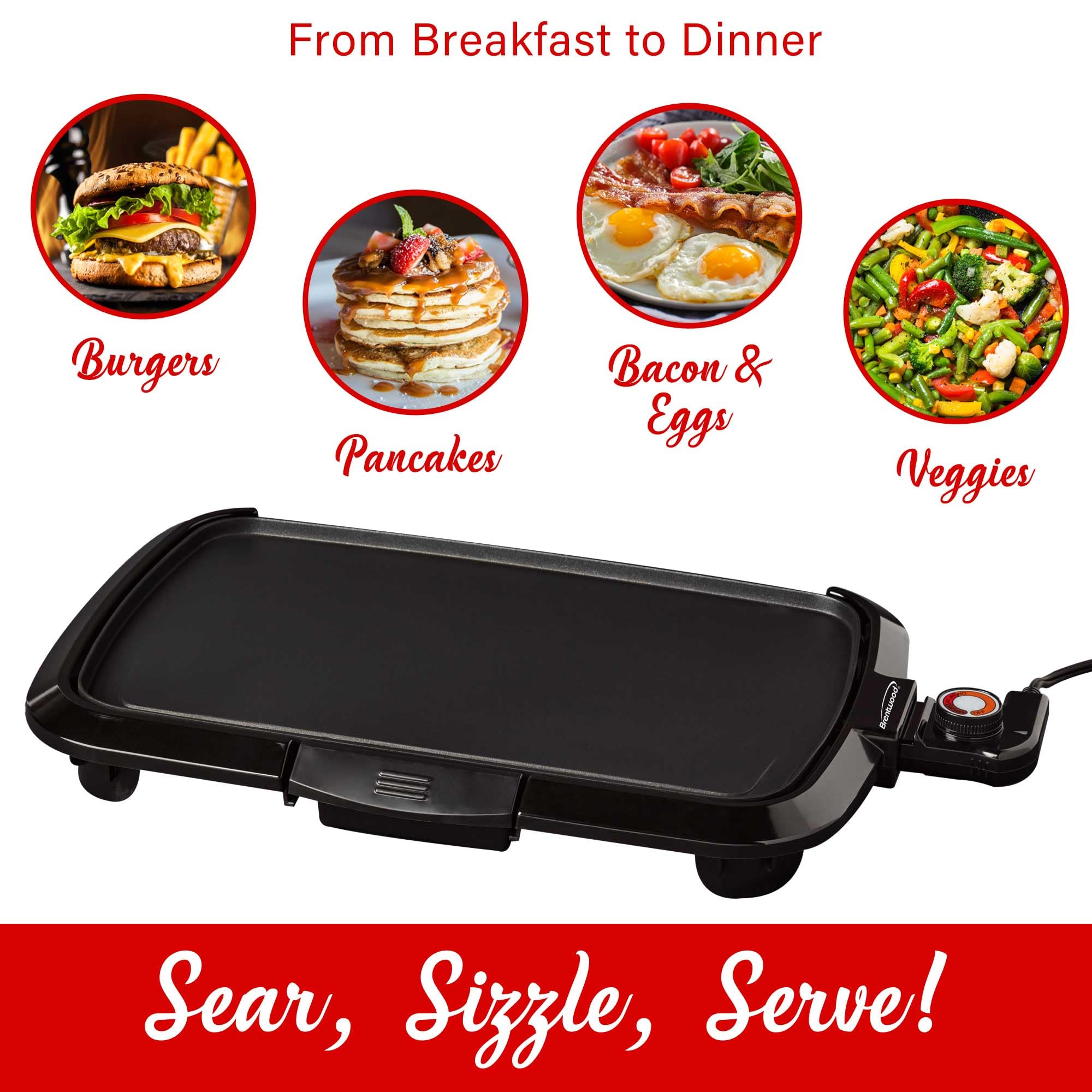 Brentwood TS-821 16 x 10 in Non-Stick Electric Griddle with Removable Drip Tray - Black, 1200W