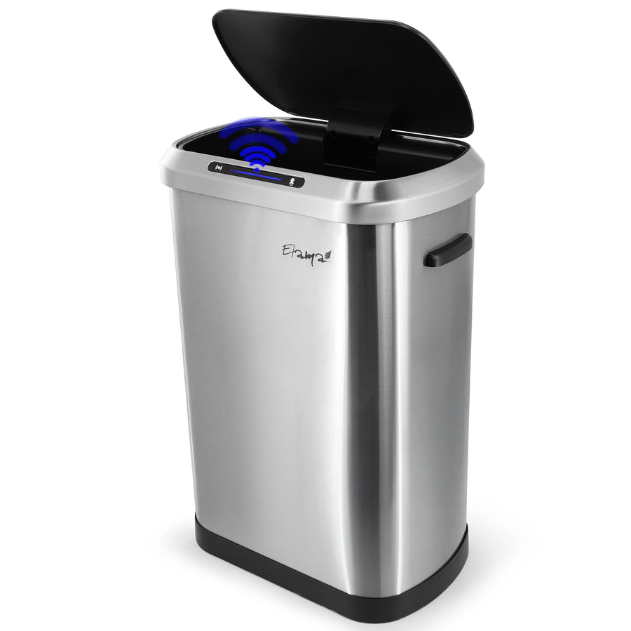 Elama 13 gallon automatic infrared sensor trash can in brushed silver with black hands-free lid and side handles