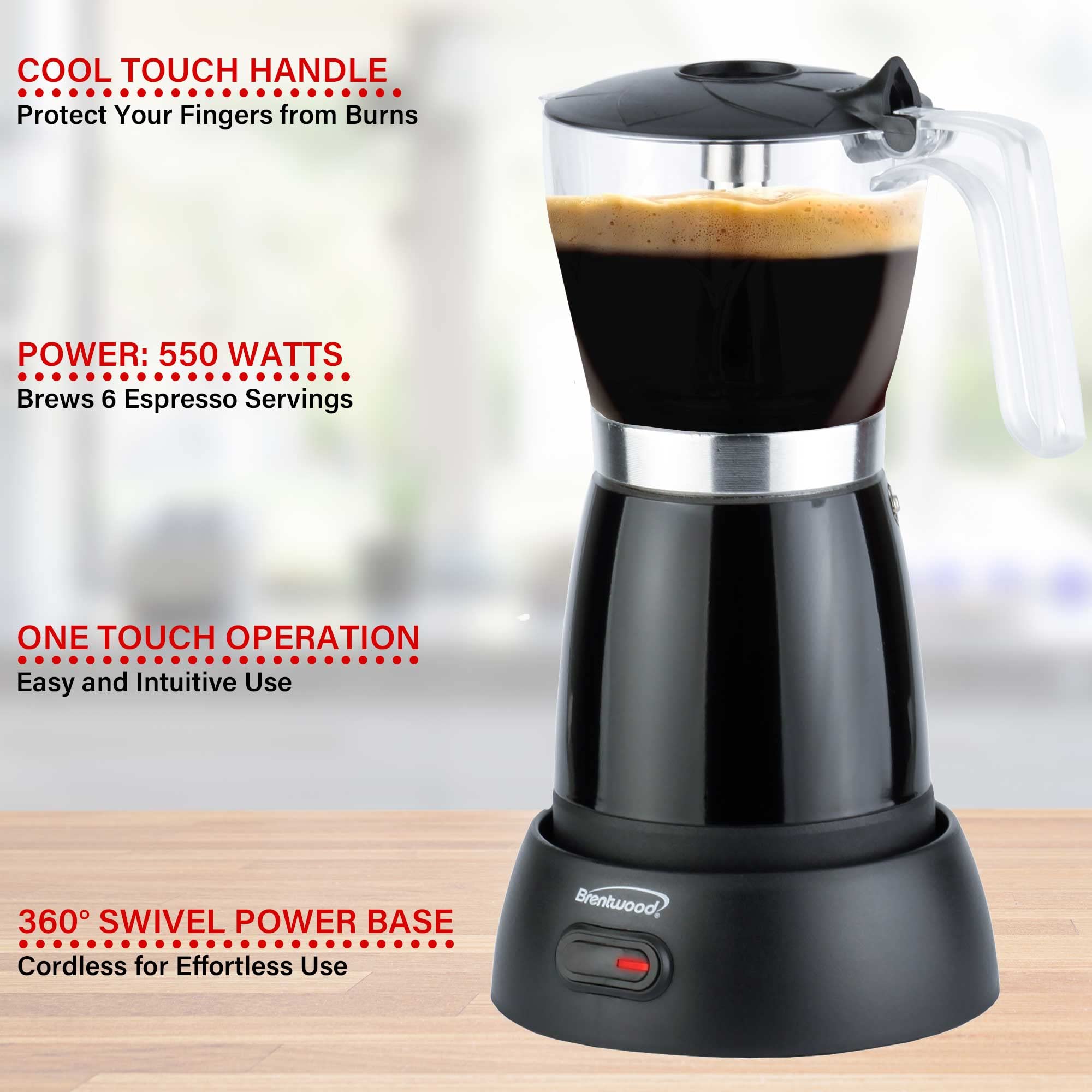 Brentwood TS-119BK Cordless Electric Moka Pot Espresso Machine - Black, 550W, Brews 3-6 Servings, 360° Swivel Base