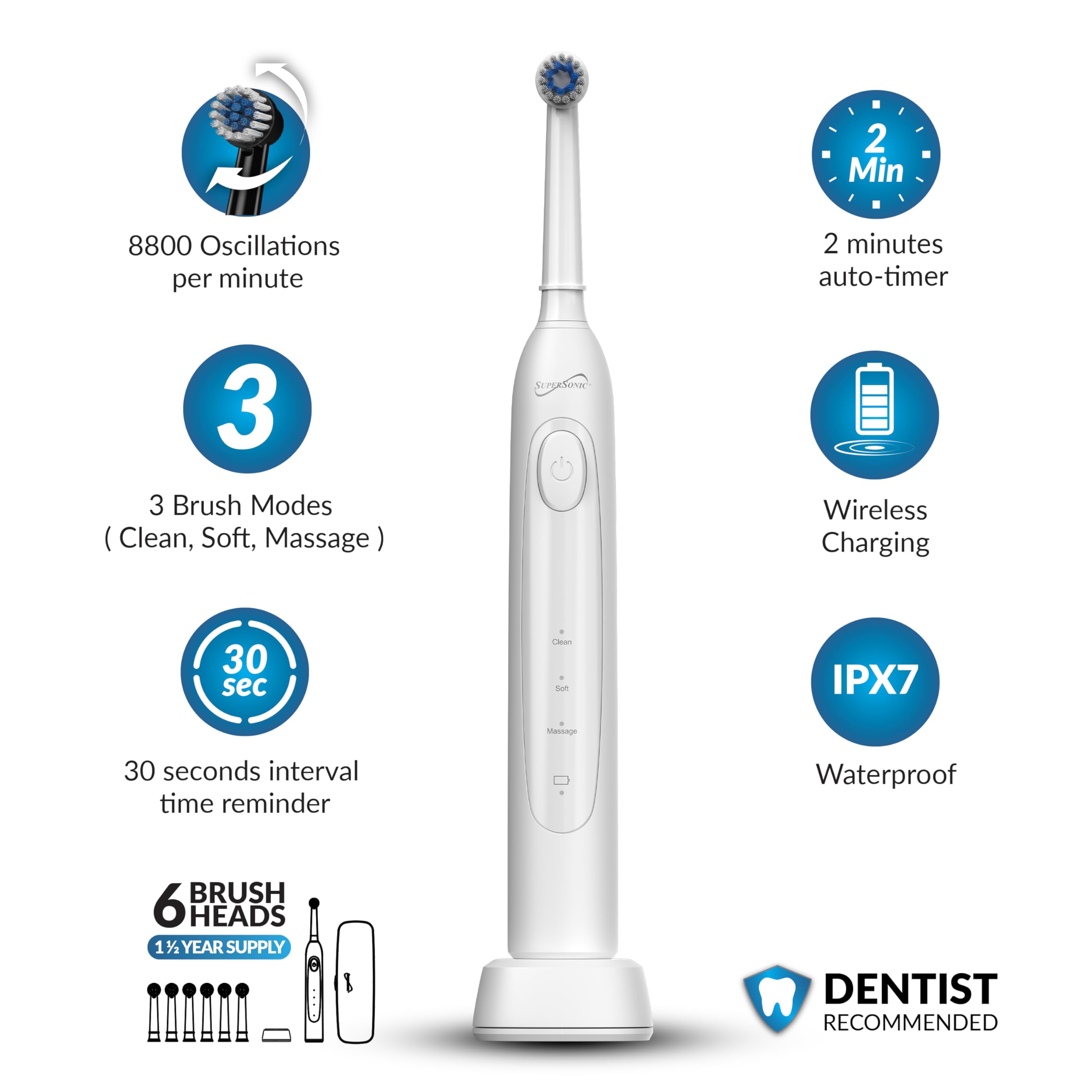 Supersonic Sonic Zoom+ Rechargeable Toothbrush with 6 Brush Heads, White