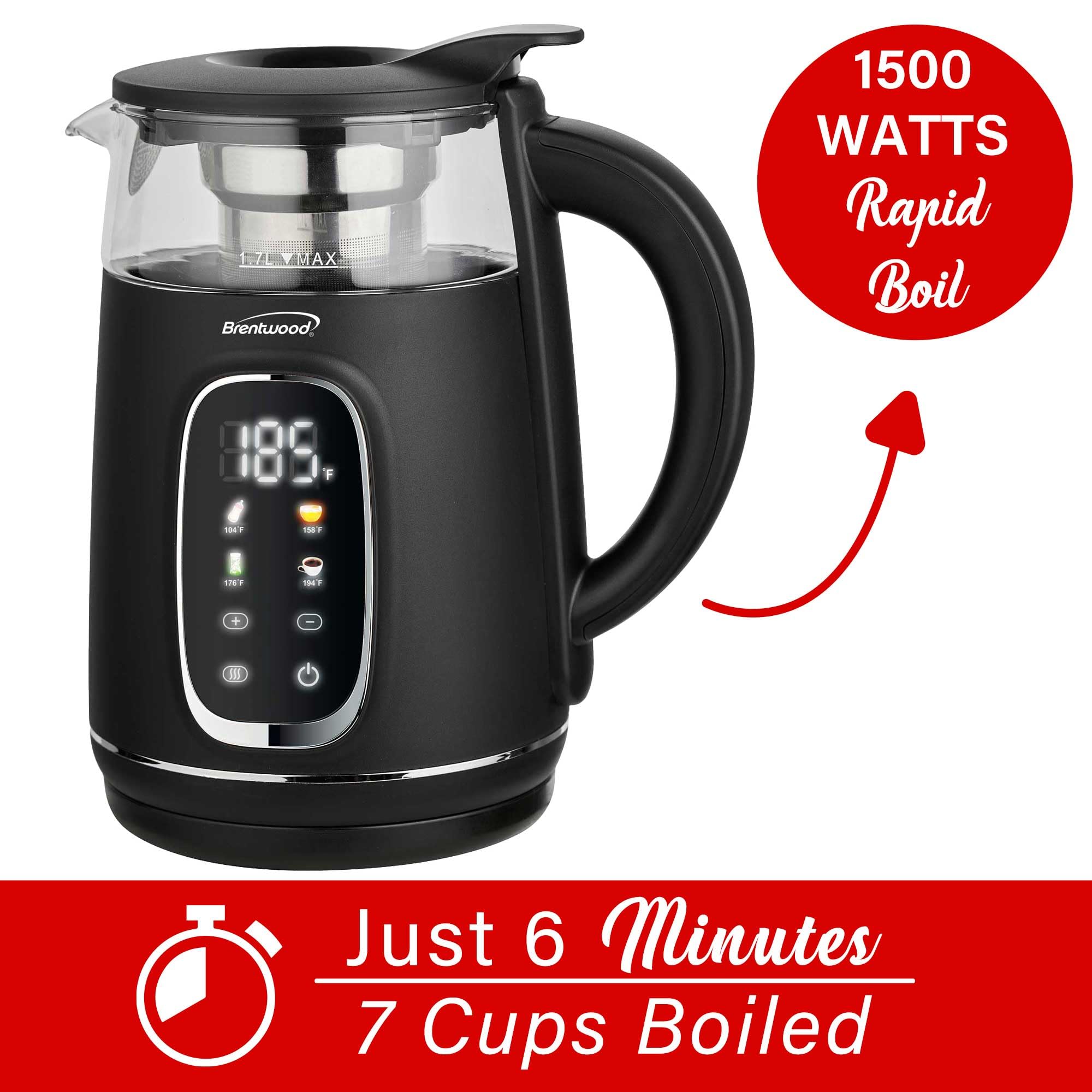 Brentwood KT-2018BK 1.7L 1100W Digital Glass Electric Kettle with Stainless Tea Infuser - Black