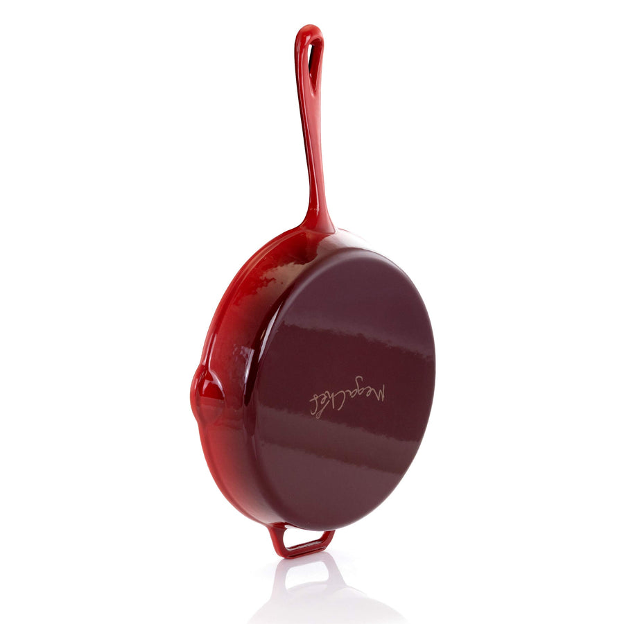 MegaChef MG-FR26AR 10.25 in Enameled Cast Iron Skillet, Gradient Red, Enamel Interior, Dual Pour Spouts, Oven Safe to 450°F