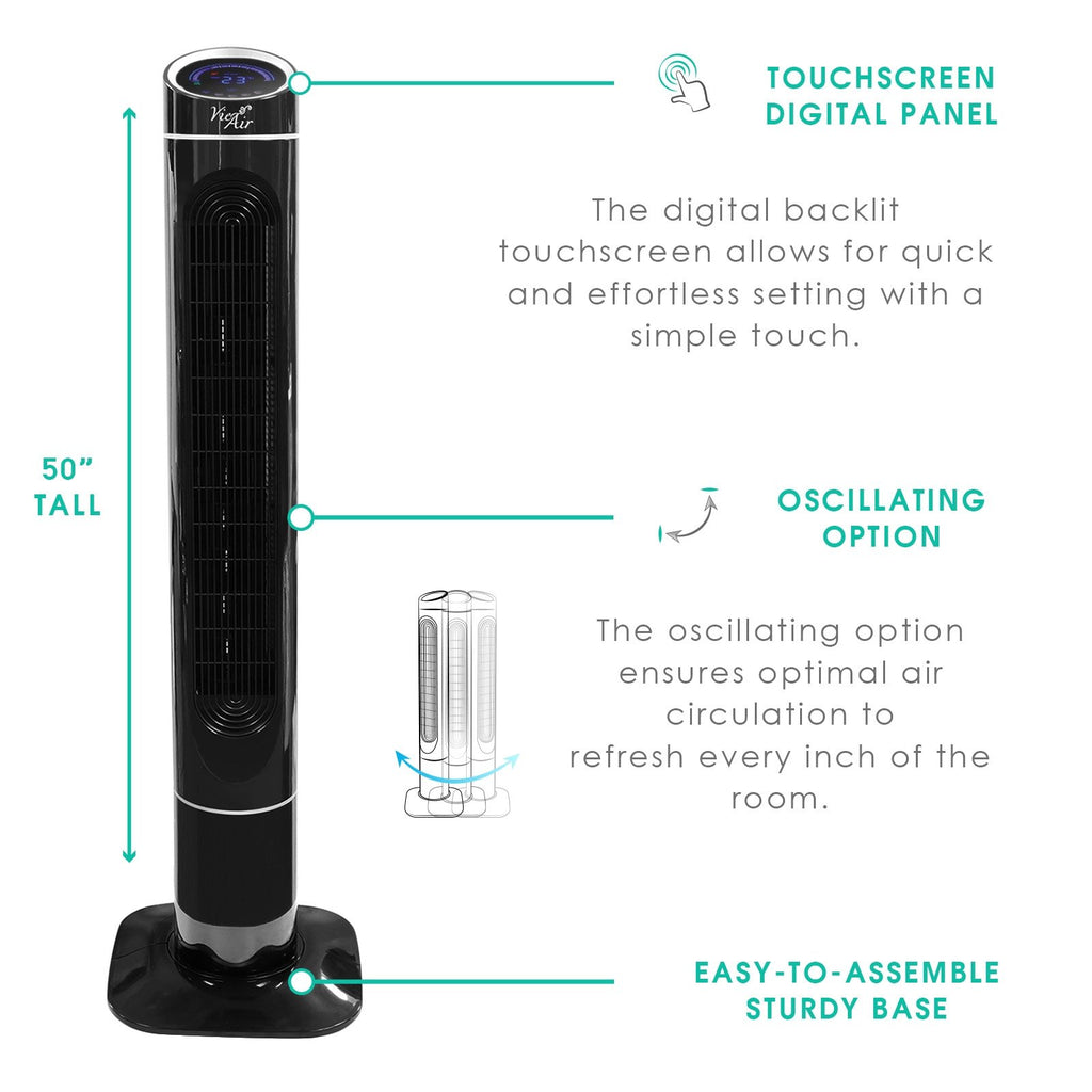 Vie Air 50-Inch Luxury Digital 3-Speed High-Velocity Tower Fan with Remote – Oscillating, Ionizer, Touchscreen, Bedroom & Living Room