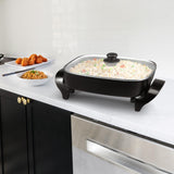 MegaChef MCF-1102 Electric Fry Pan, 14.96 x 12.13 in Rectangular, Black, 1500W, Tempered Glass Lid, Detachable Thermostat Probe