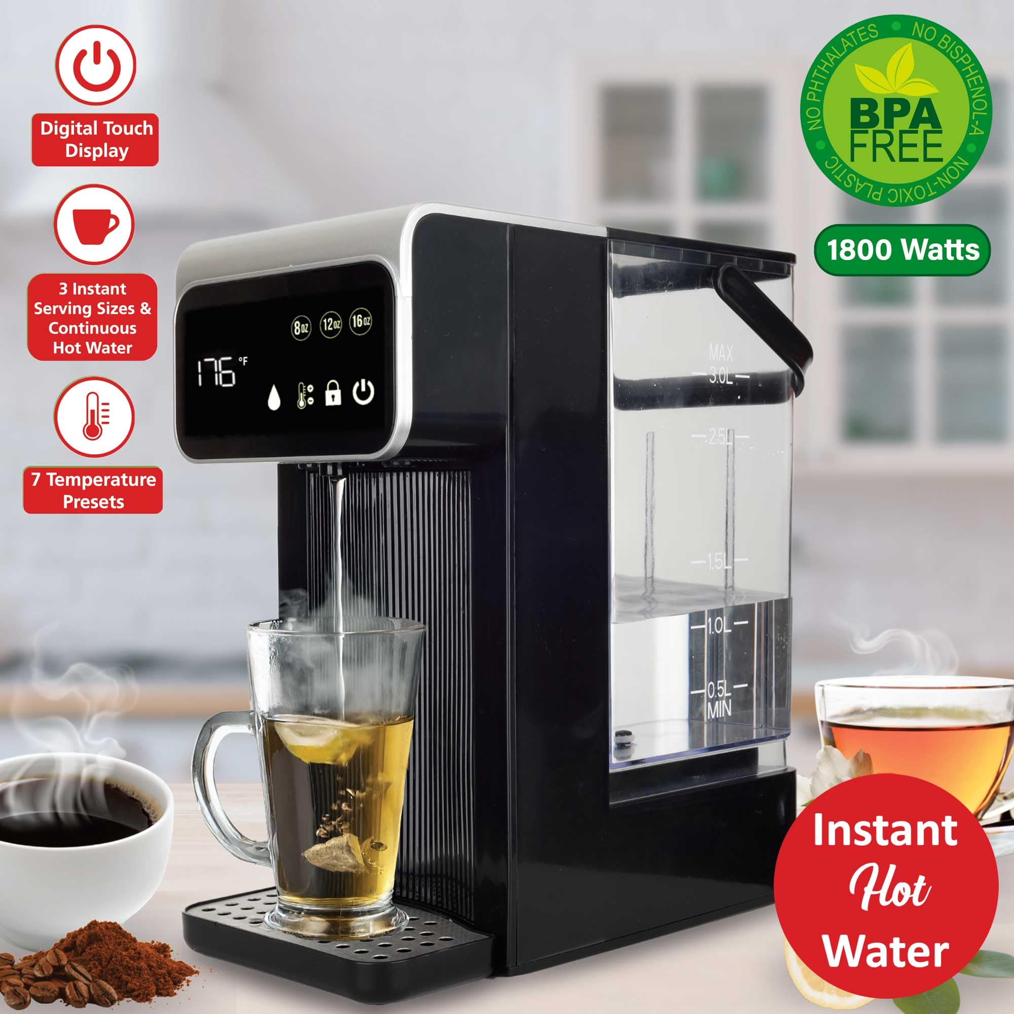 Brentwood KT-2300DBK 3 Liter 1800W Digital Instant Hot Water Dispenser - Black, 7 Temperature Presets with Child Safety Lock