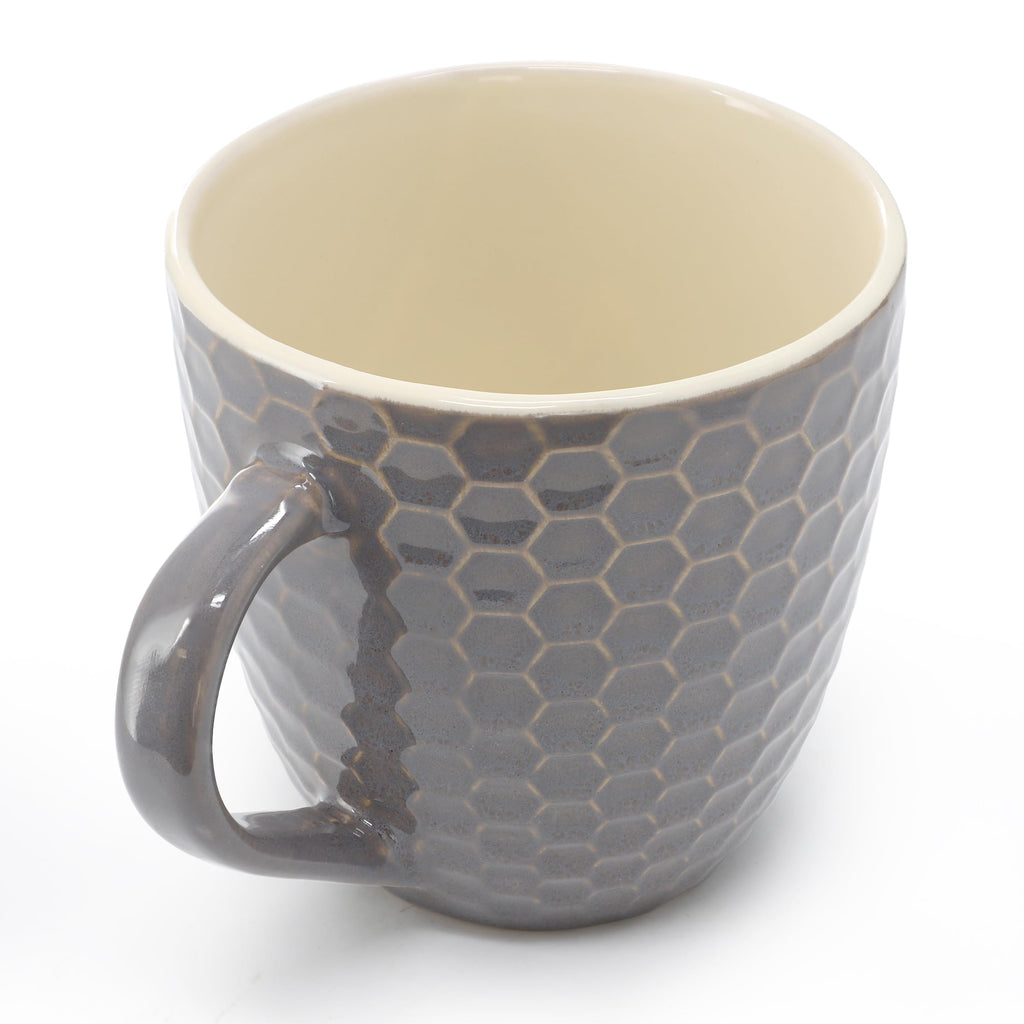 Elama Honeycomb 6-Piece 15 oz Stoneware Mug Set - Assorted White, Purple & Taupe with Embossed Honeycomb Texture