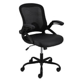 Elama compact mid-back mesh office chair with flip-up arms and padded seat, black, front three-quarter view