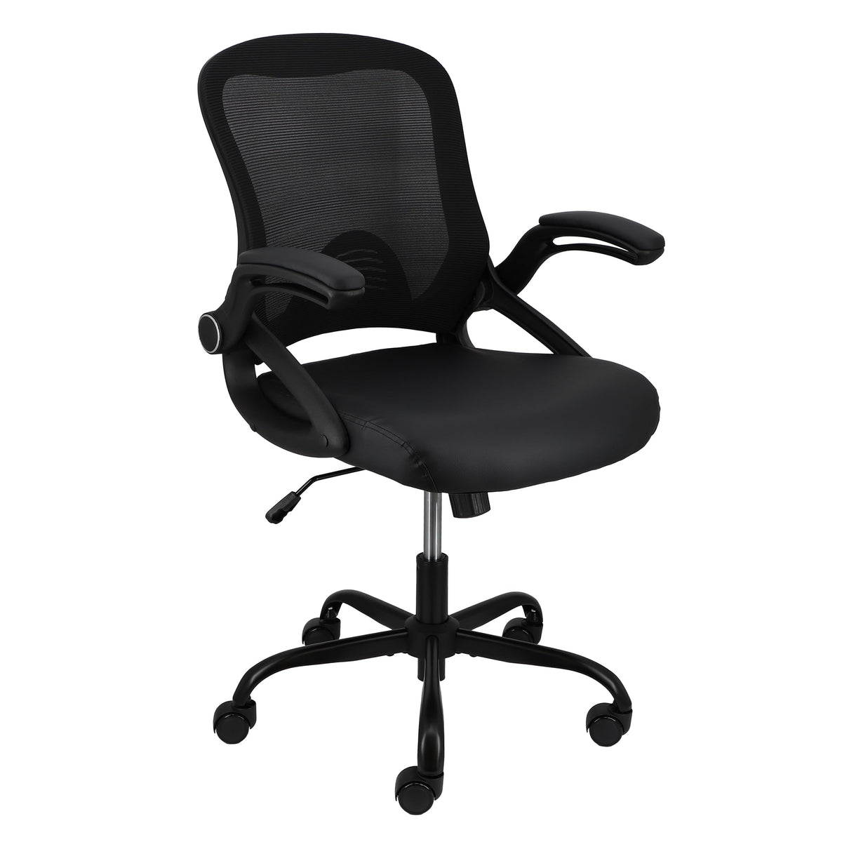 Elama compact mid-back mesh office chair with flip-up arms and padded seat, black, front three-quarter view
