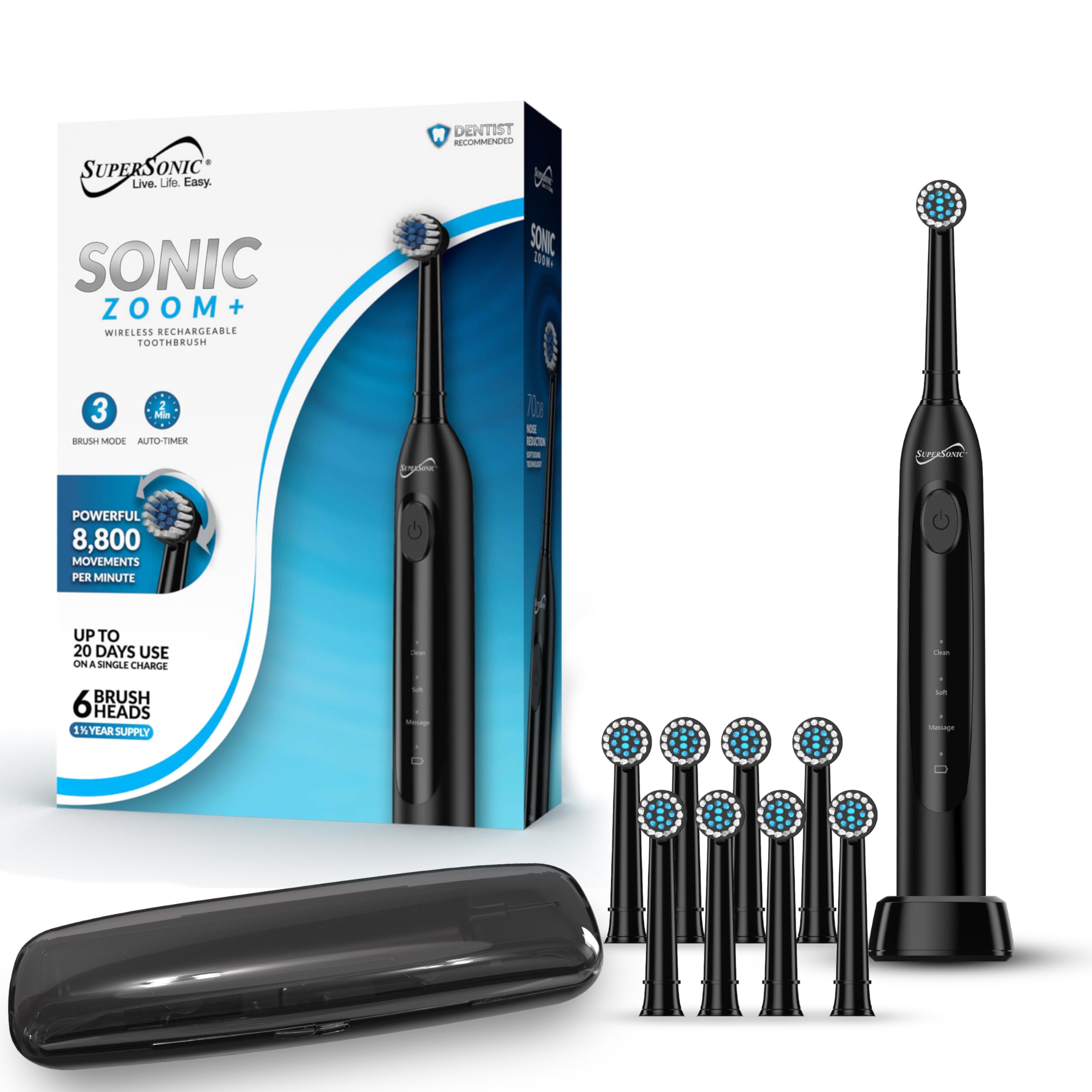 SuperSonic Sonic Zoom+ Wireless Rechargeable Toothbrush – Black with 6 Brush Heads & Travel Case
