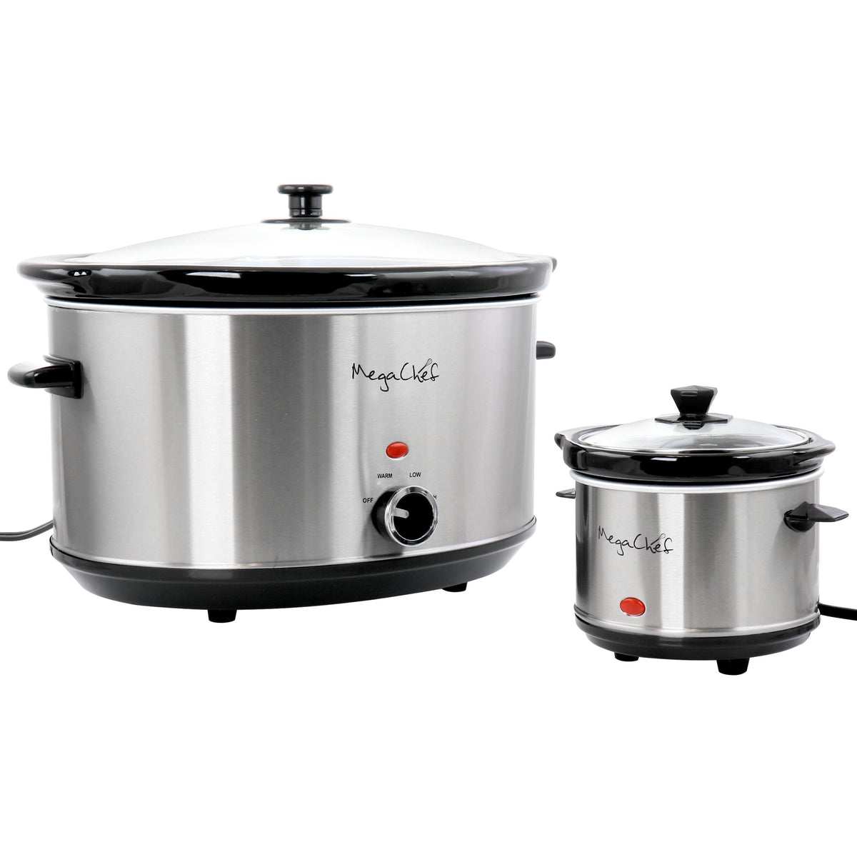 MegaChef MCSL-3000 8-Quart Oval Slow Cooker with 0.6-Quart Mini Warmer, Brushed Stainless Steel, Removable Ceramic Crock, Glass Lids