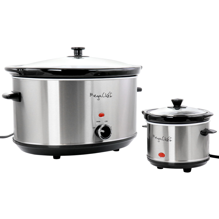 MegaChef MCSL-3000 8-Quart Oval Slow Cooker with 0.6-Quart Mini Warmer, Brushed Stainless Steel, Removable Ceramic Crock, Glass Lids