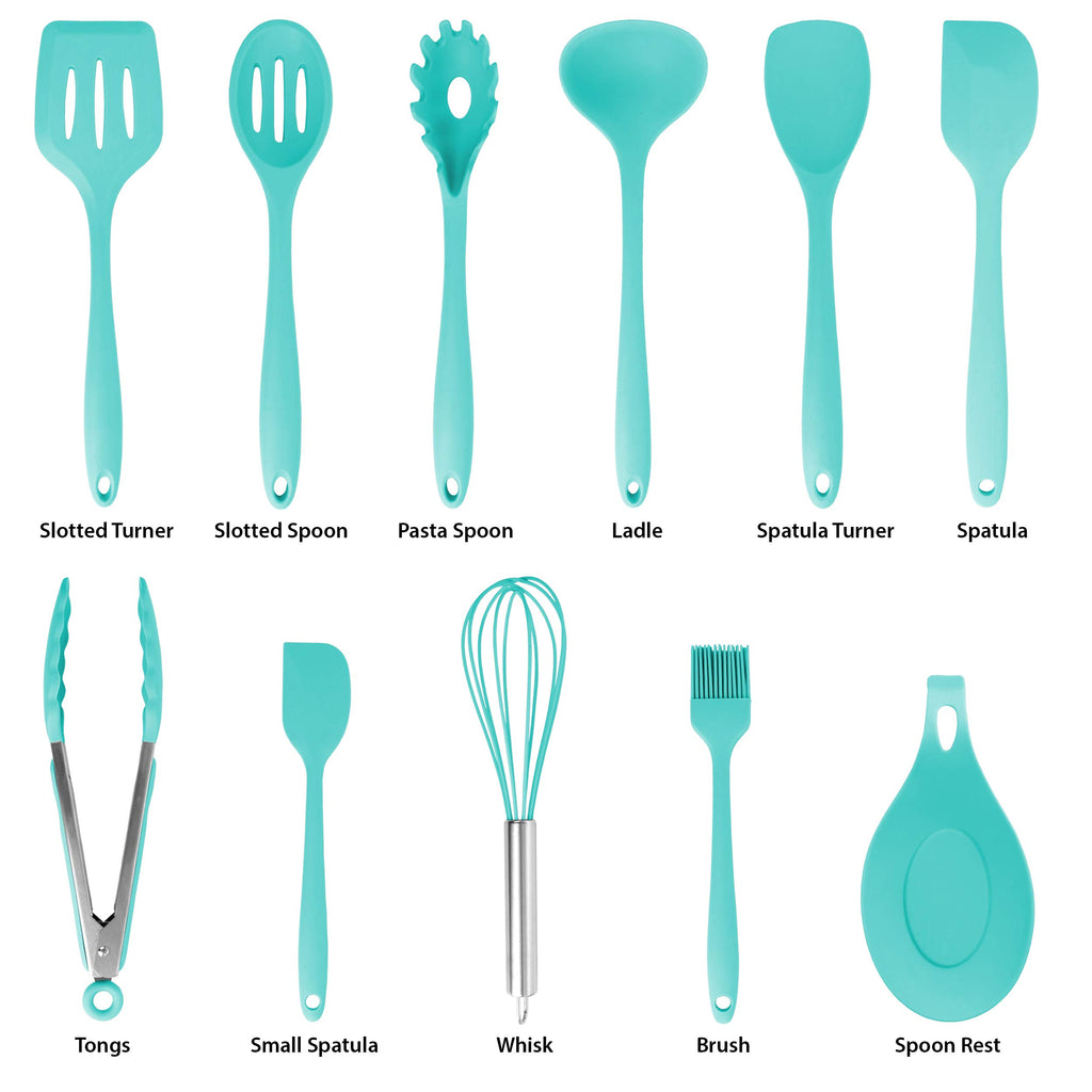 MegaChef 12-Piece Kitchen Cooking Utensil Set – Light Teal Silicone & Stainless Steel with Holder Stand