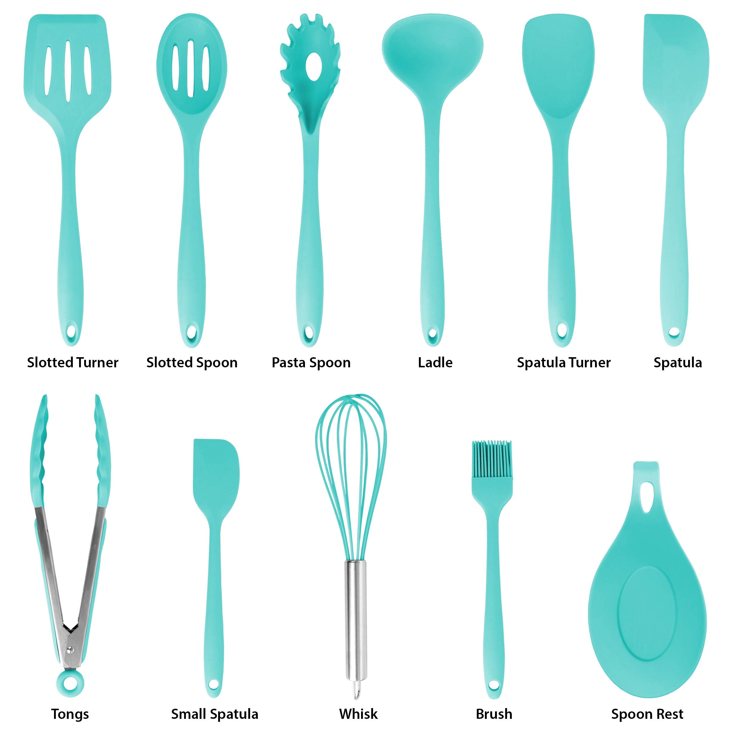 MegaChef 12-Piece Kitchen Cooking Utensil Set – Light Teal Silicone & Stainless Steel with Holder Stand