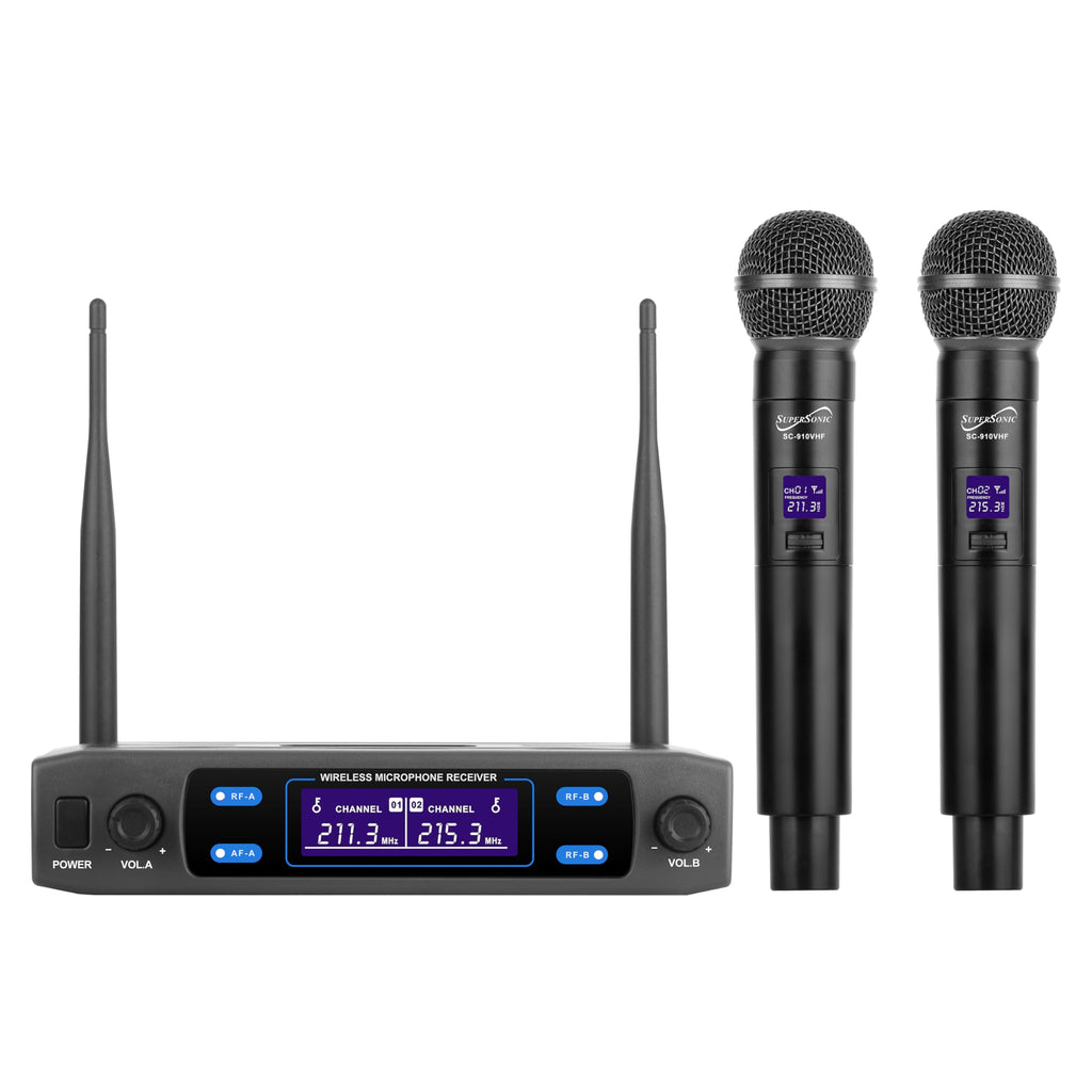 SuperSonic SC-910VHF dual-channel VHF wireless microphone system with two handheld mics, receiver and aluminum case