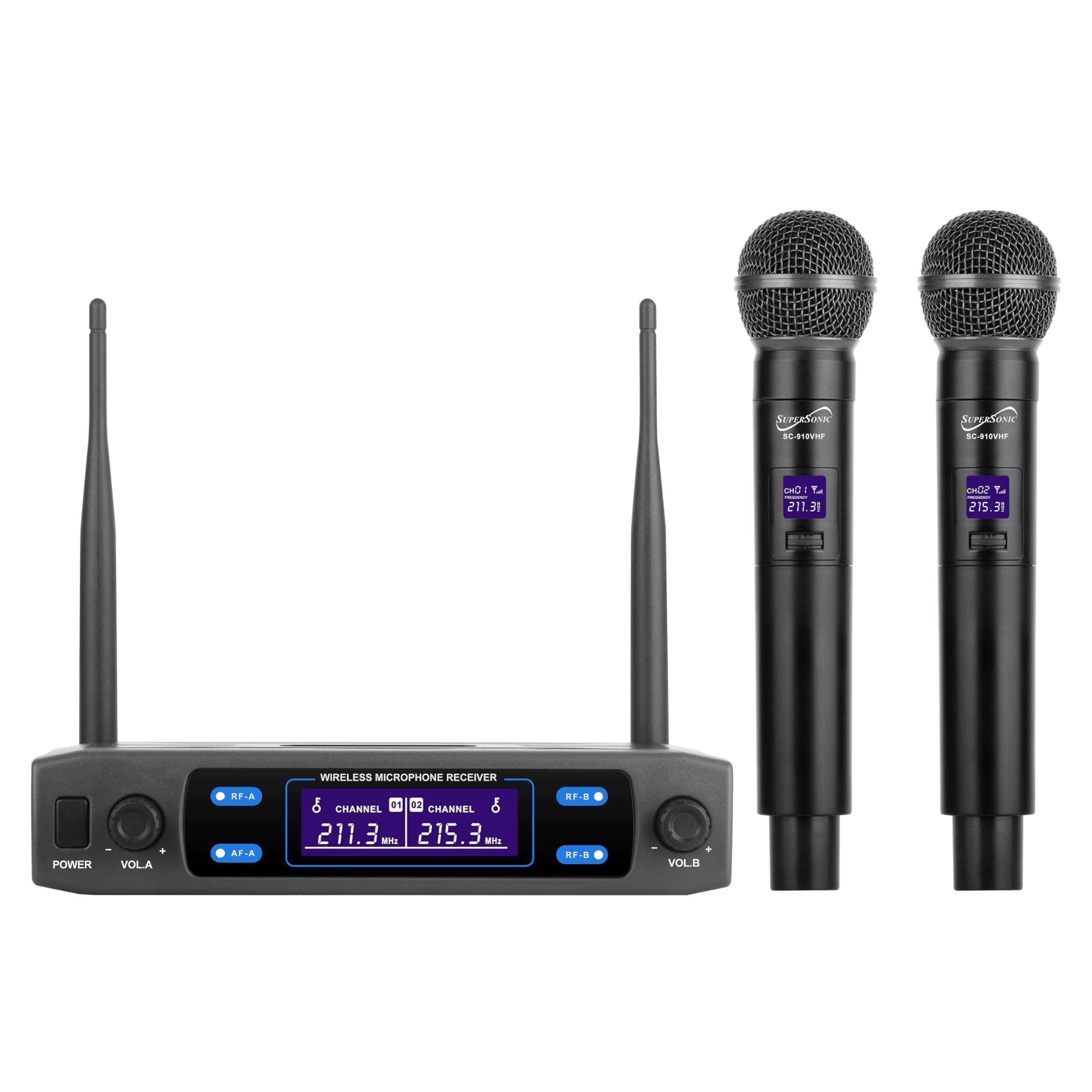 SuperSonic SC-910VHF dual-channel VHF wireless microphone system with two handheld mics, receiver and aluminum case