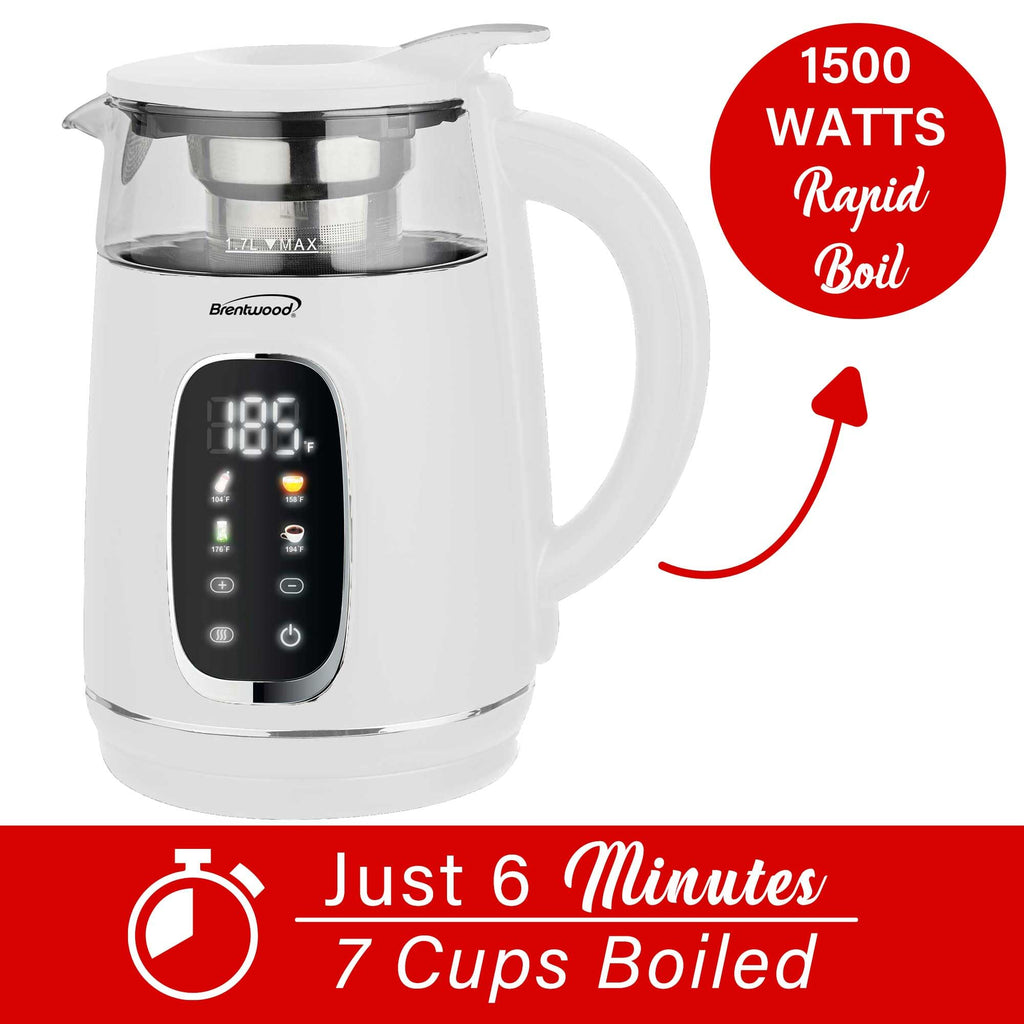 Brentwood KT-2018W 1.7L 1100W Cordless Digital Glass Electric Kettle - White, Stainless Tea Infuser with 4 Presets and Keep Warm