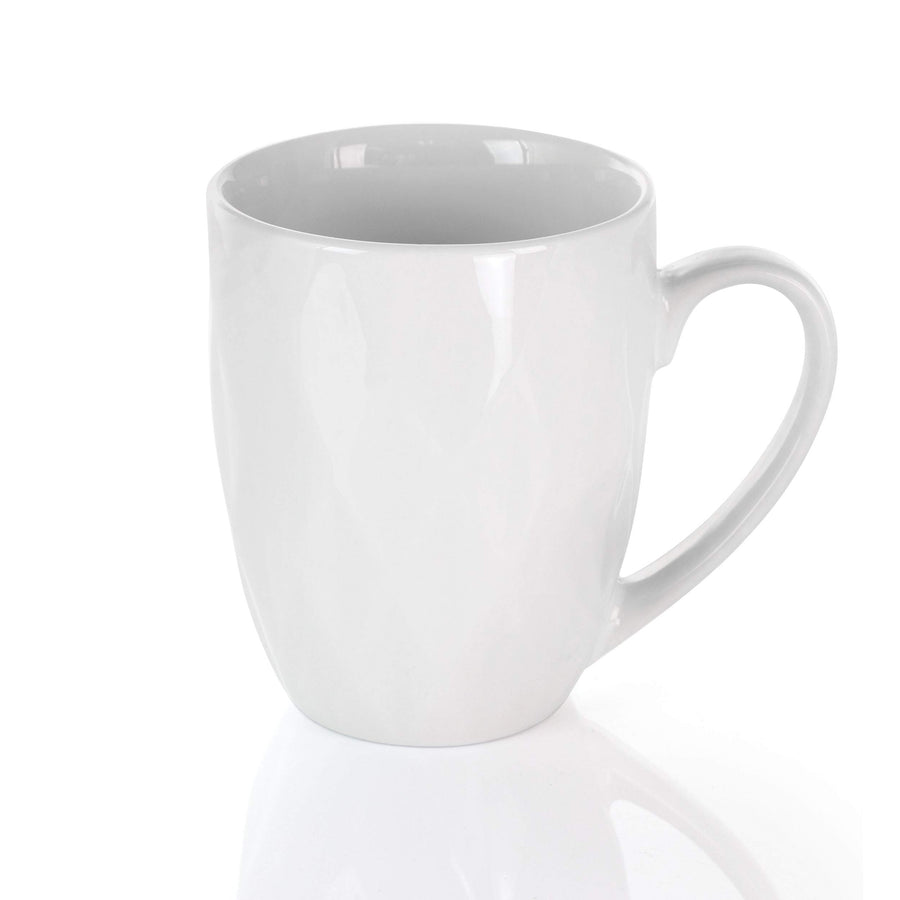 Elama Sienna 8 oz white porcelain cup with handle and embossed diamond body, glossy glaze