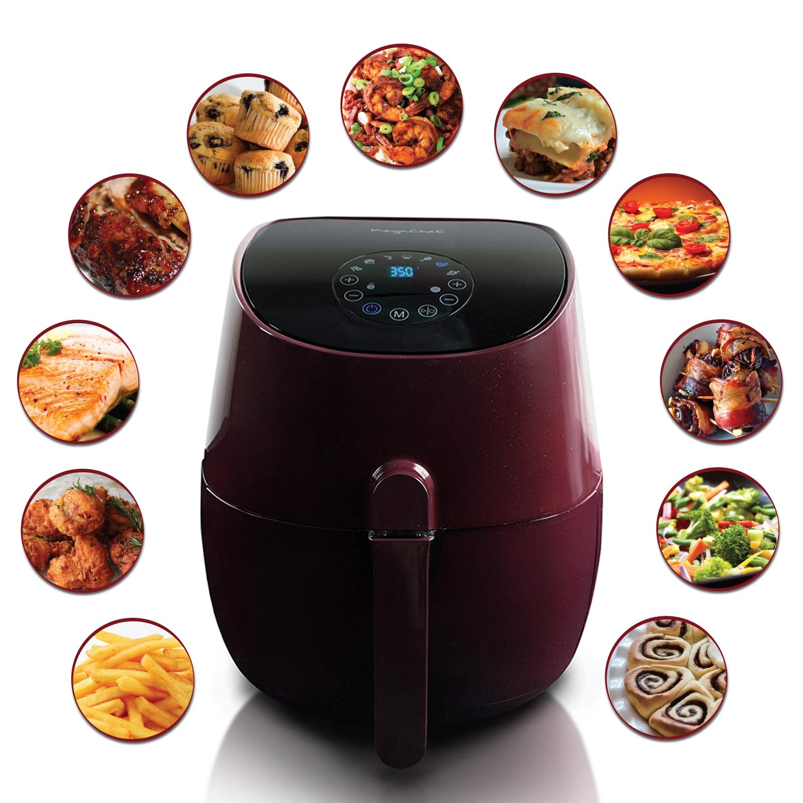MegaChef 3.5-Quart Air Fryer & Multi-Cooker – 7 Pre-Programmed Digital Settings, 1350W Hot-Air Circulation, Fry / Roast / Bake (Burgundy)