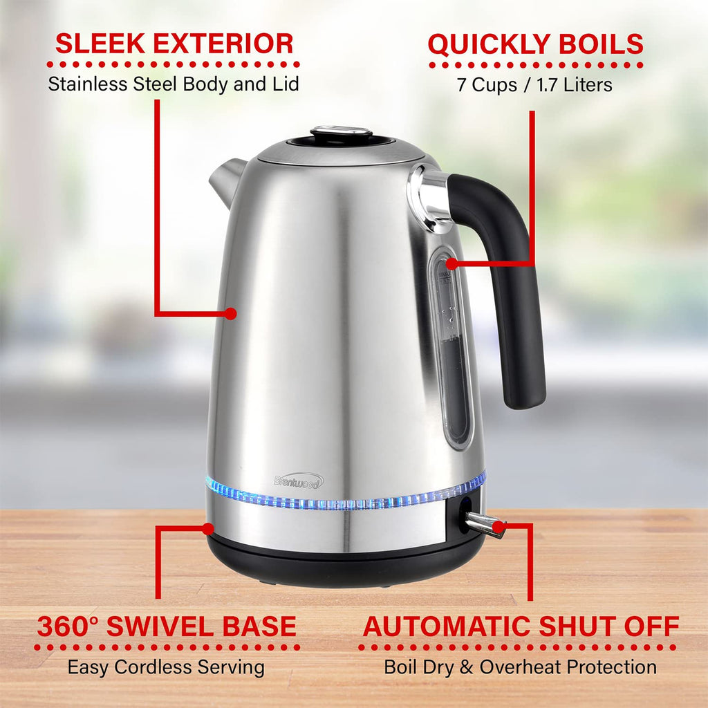 Brentwood KT-1792S 1500W Stainless Steel 1.7L Cordless Electric Kettle - Silver