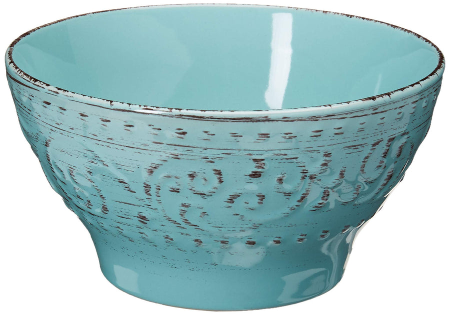 Turquoise embossed stoneware cereal bowl with distressed rim, Elama Malibu Waves