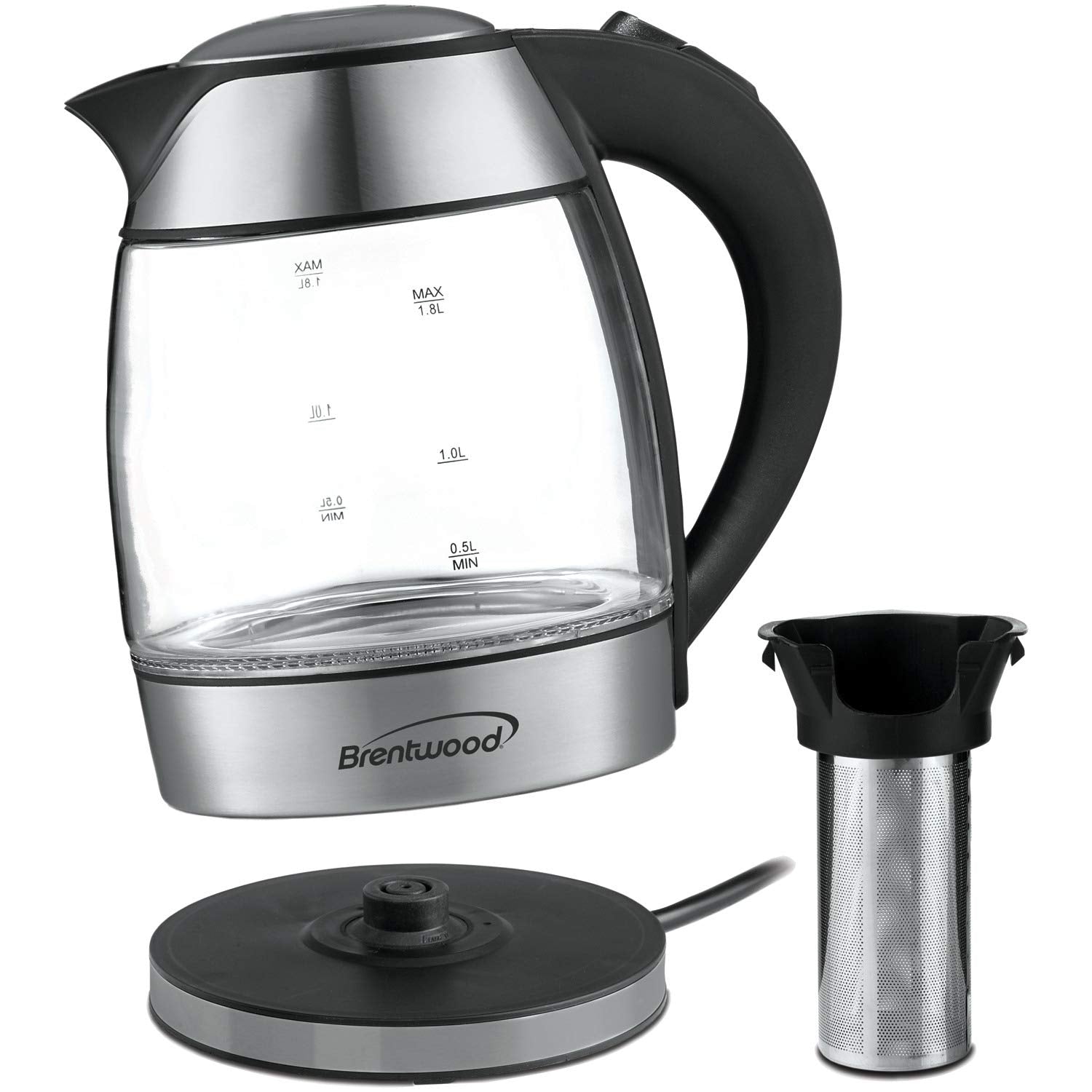Brentwood KT-1960 1.8L Cordless Glass Electric Kettle with Tea Infuser - Silver, 1100W, Blue LED