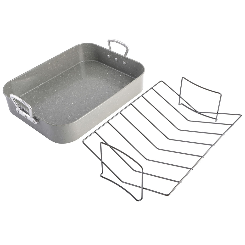 Oster Greystone 2-Piece Carbon Steel Turkey Roaster Set with V-Rack, Grey Speckle - 16.25 x 12.75 in, PFAS-Free Disclosure