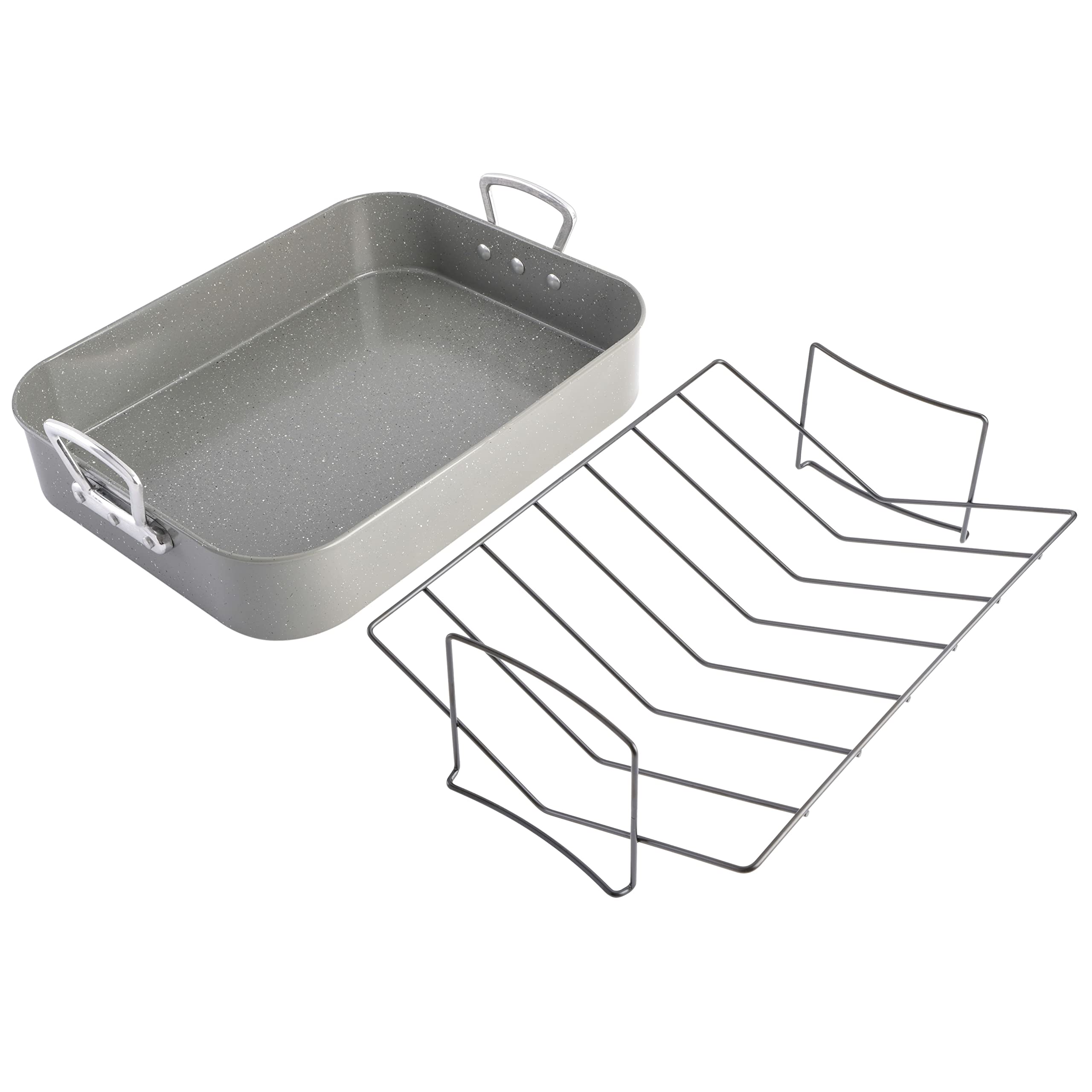Oster Greystone 2-Piece Carbon Steel Turkey Roaster Set with V-Rack, Grey Speckle - 16.25 x 12.75 in, PFAS-Free Disclosure