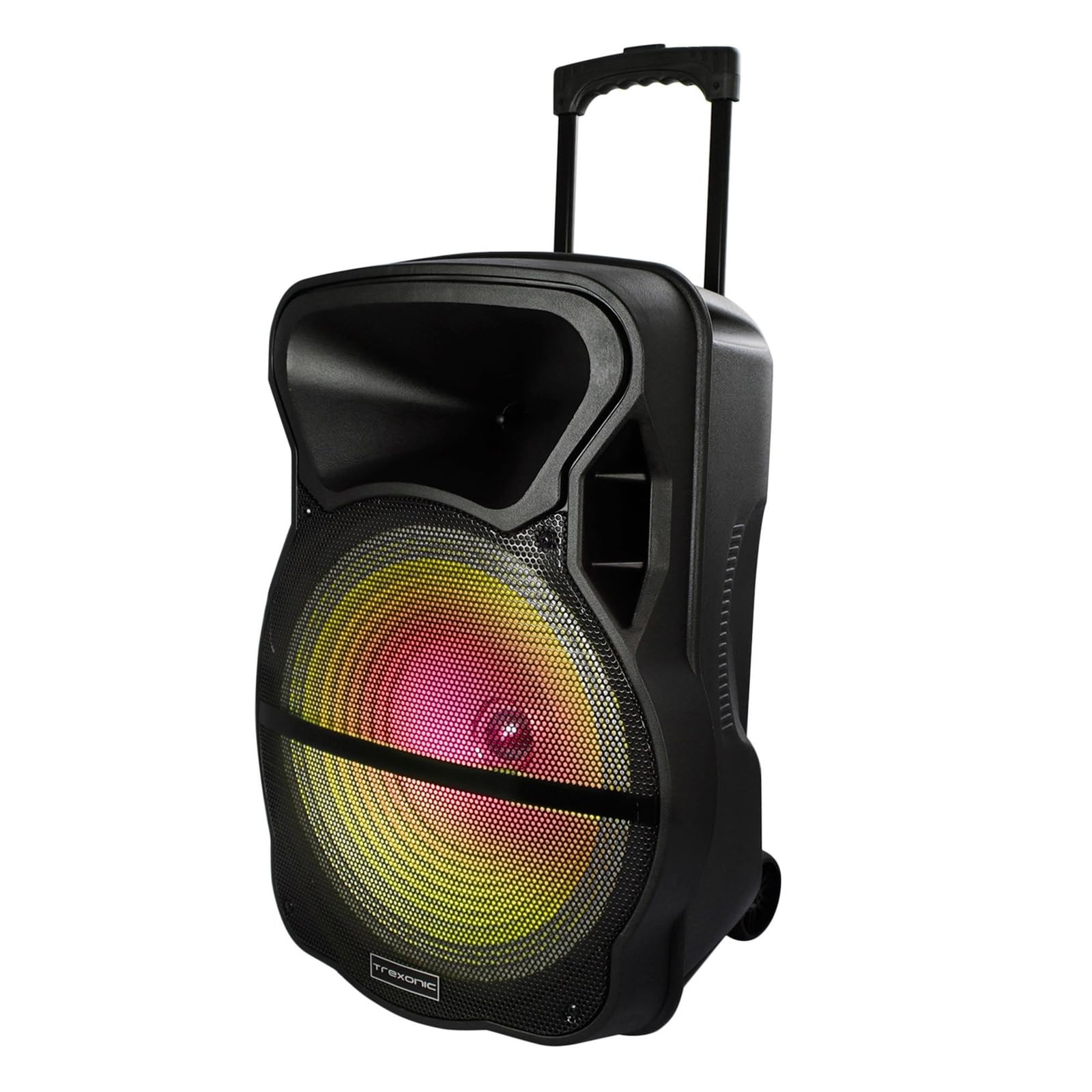 Trexonic TRX-15D 15" Bluetooth Party Speaker with Tripod Stand – Reactive LED Lights, Wireless Mic, FM Radio