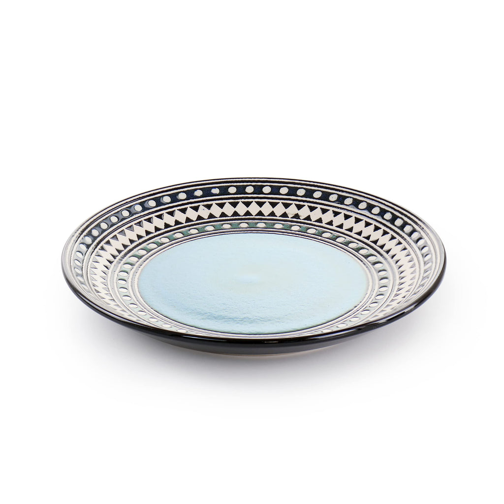Elama Blue Sage 16-Piece Double Bowl Stoneware Dinnerware Set – Blue Geometric Rim Service for 4