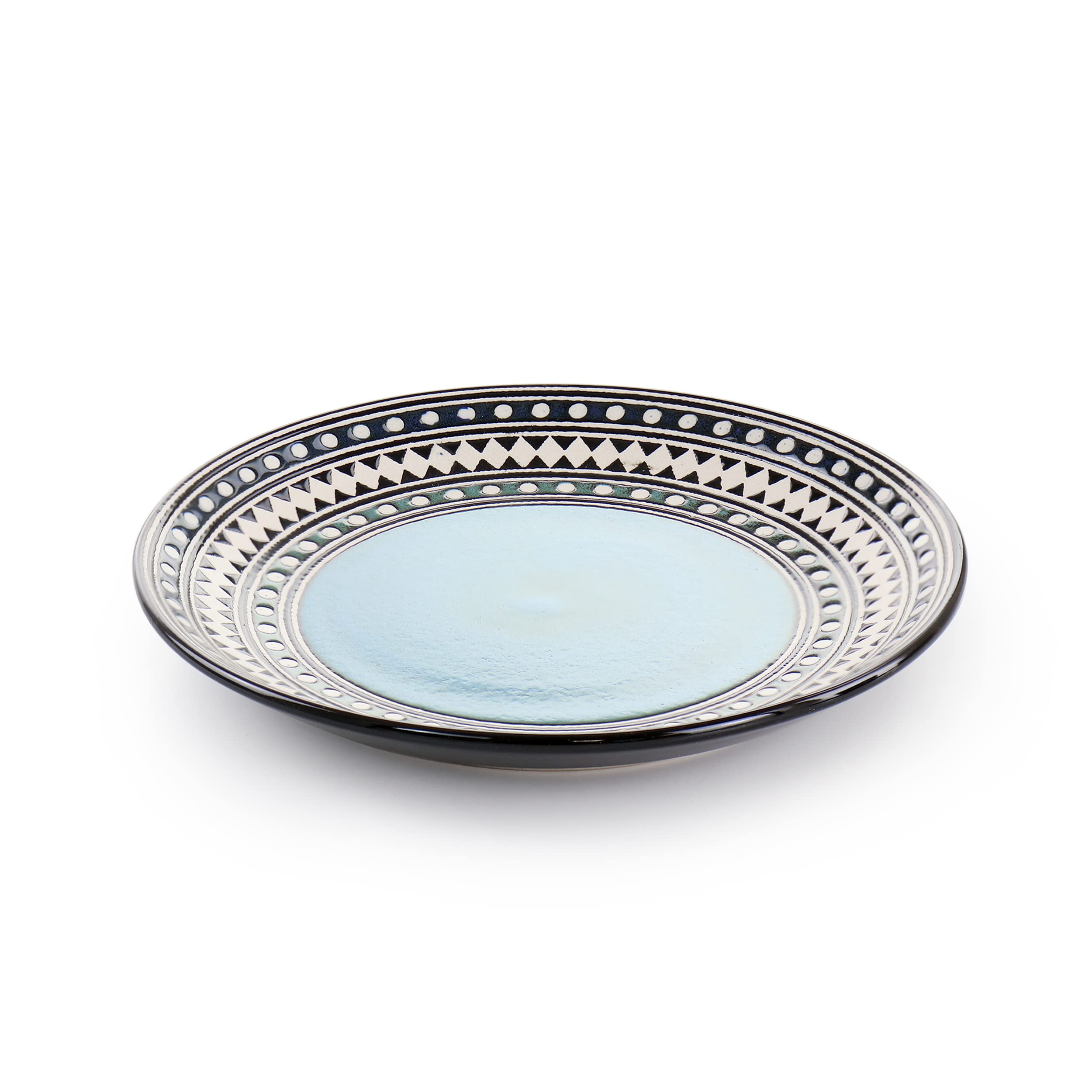 Elama Blue Sage 16-Piece Double Bowl Stoneware Dinnerware Set – Blue Geometric Rim Service for 4