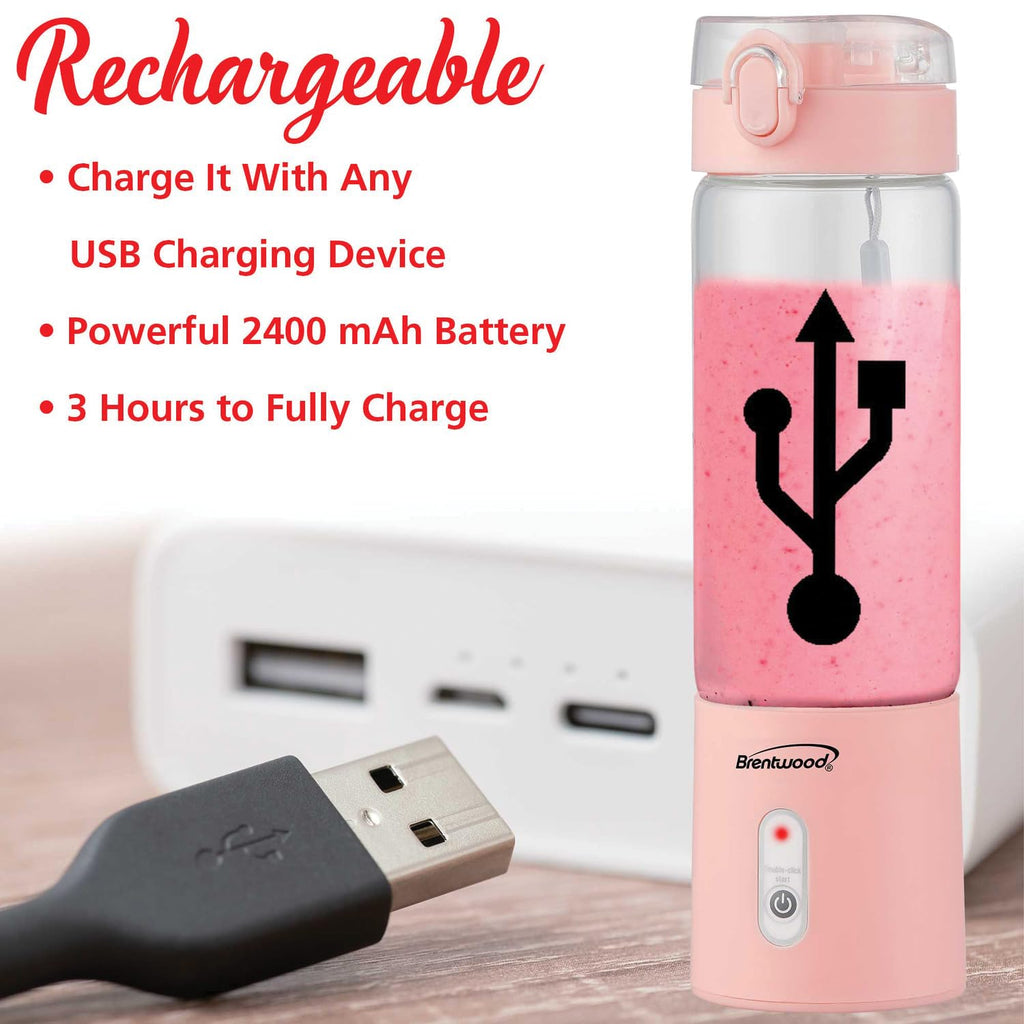 Brentwood RJB-100PK 17oz Portable USB-Rechargeable Glass Blender, Pink - Cordless Personal Smoothie Blender
